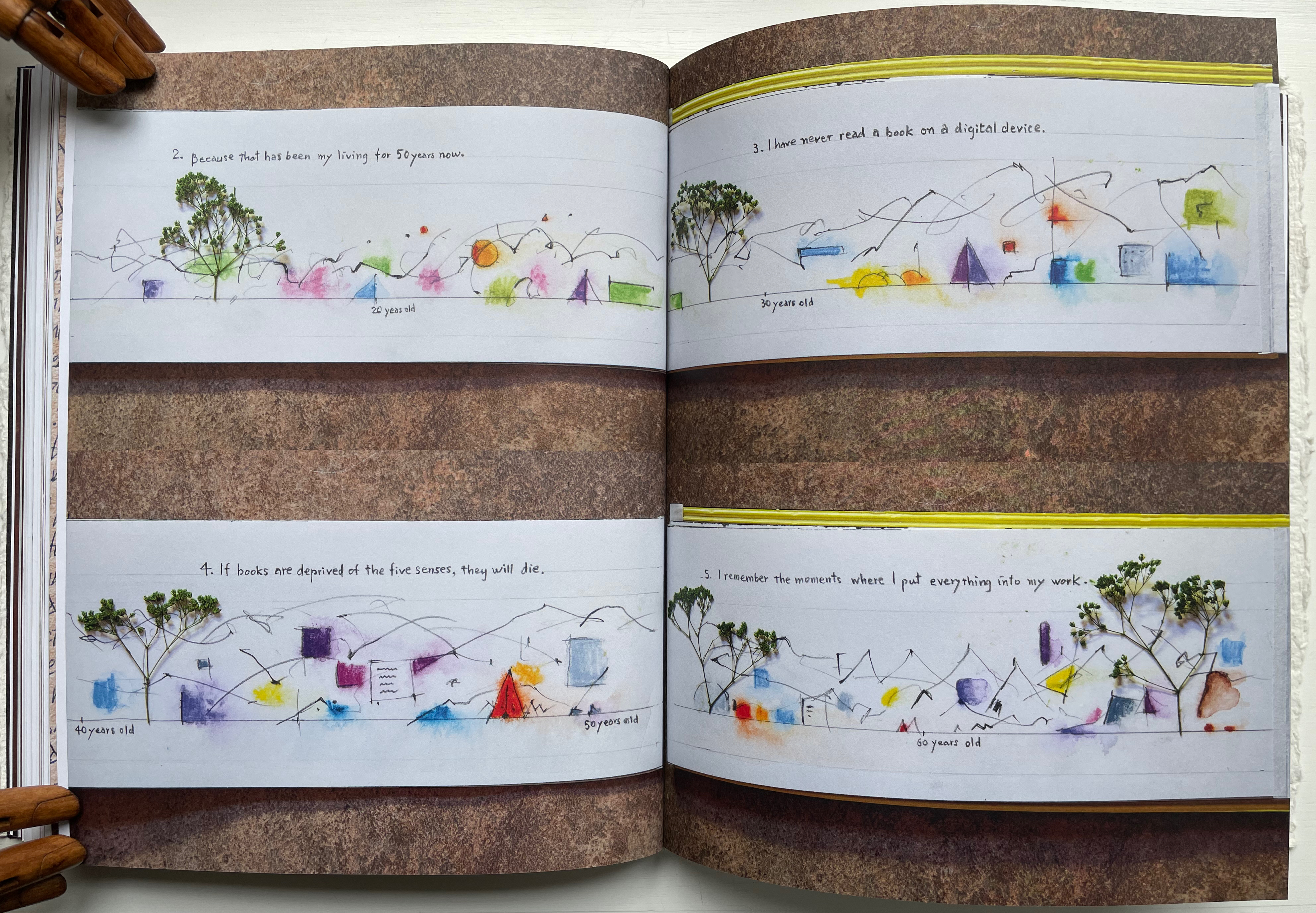 An open book displaying colorful sketches and handwritten notes that reflect personal thoughts related to the passage of time and the significance of books. The sketches include trees, mountains, and abstract shapes, with accompanying text indicating different ages.