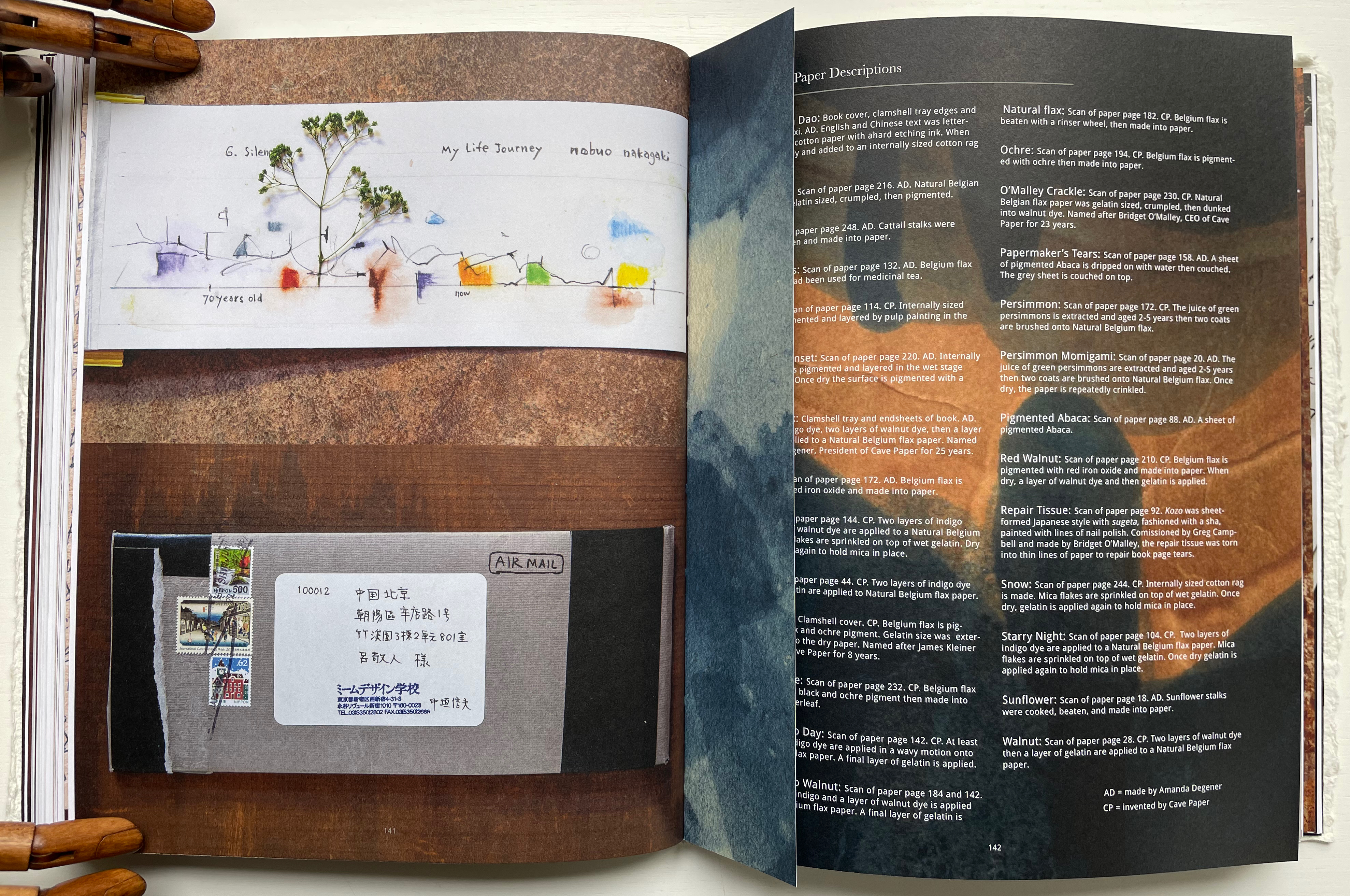 An open book displaying a watercolor illustration of a tree on the left page, accompanied by handwritten text titled 'My Life Journey' and a letter addressed with postage stamps on the right page, along with descriptions of various papers.