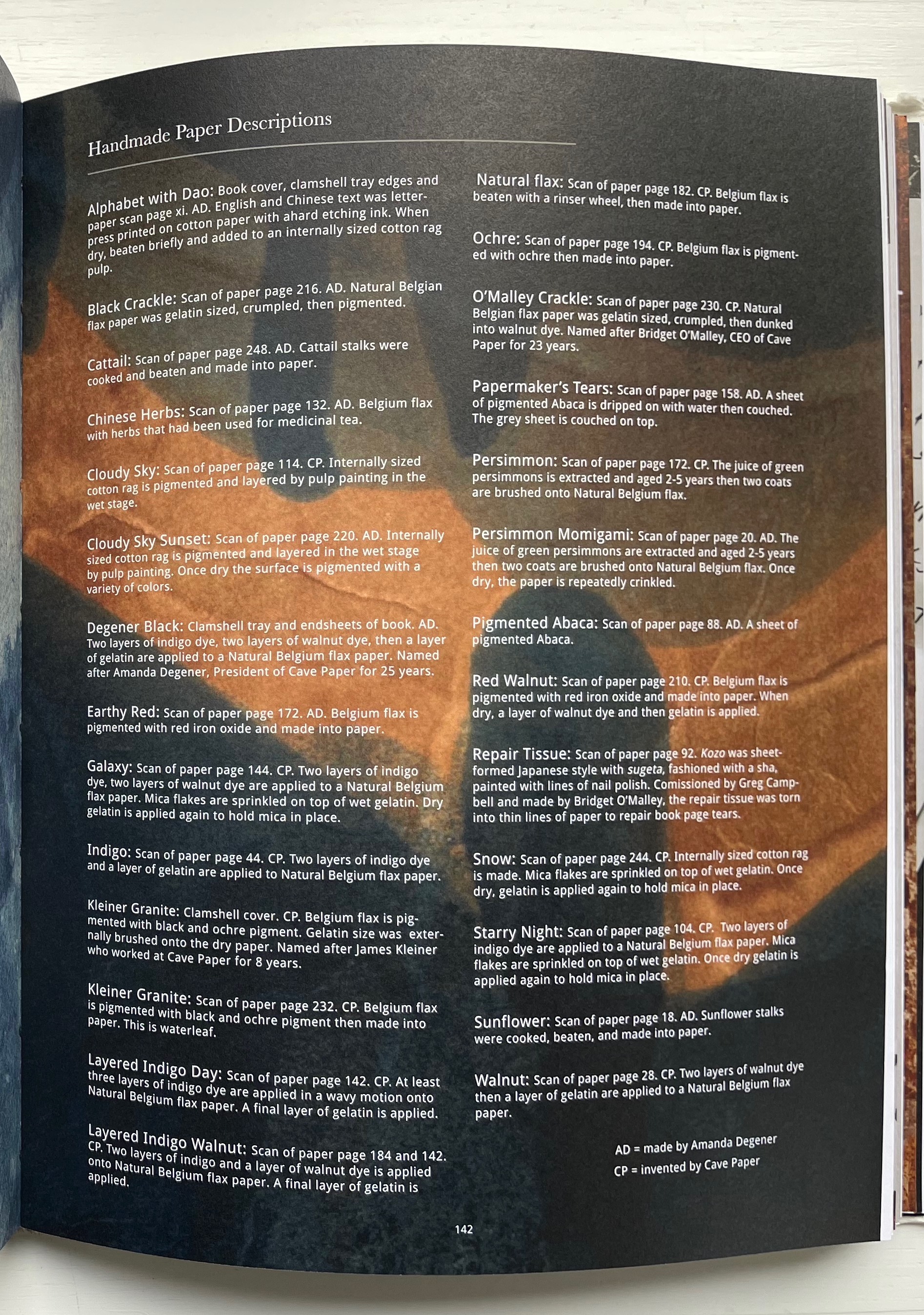 Page displaying various handmade paper descriptions including details on materials, processes, and page references.