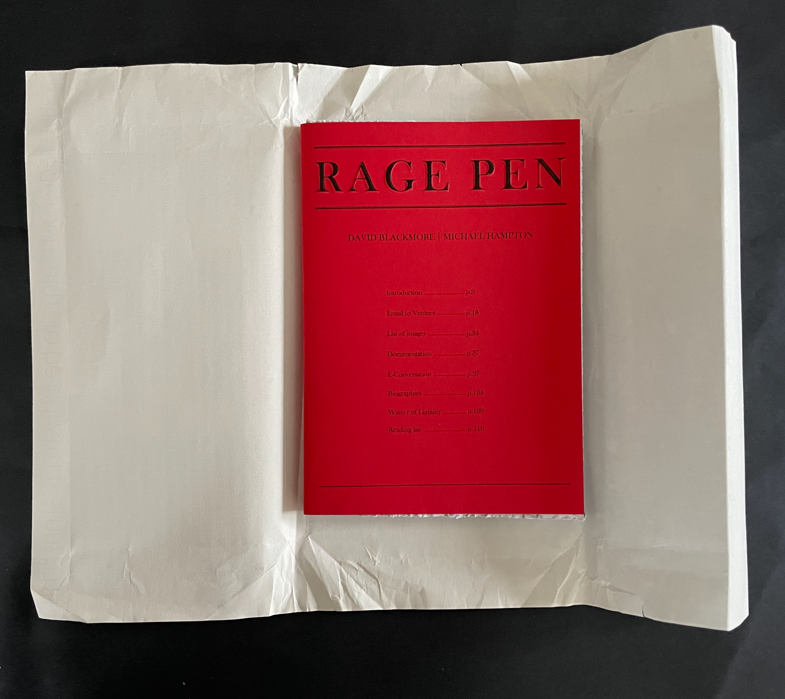 A red book titled 'RAGE PEN' by David Blackmore and Michael Hampton, displayed on a white textured background.