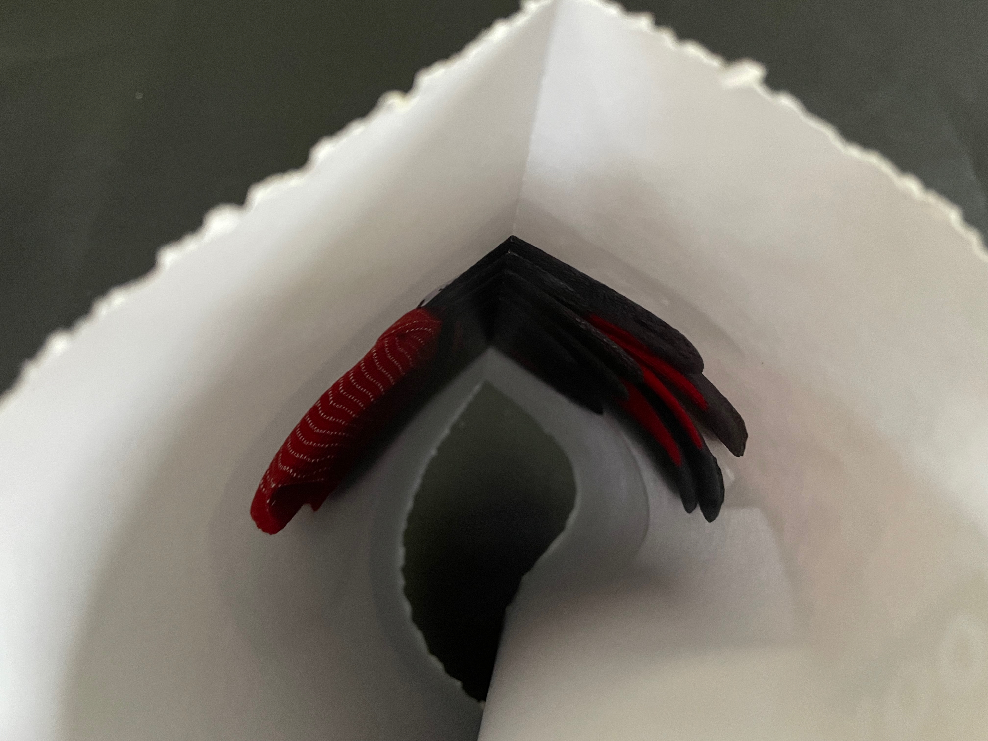 View inside a narrow paper bag showing several stacked items in red and black.