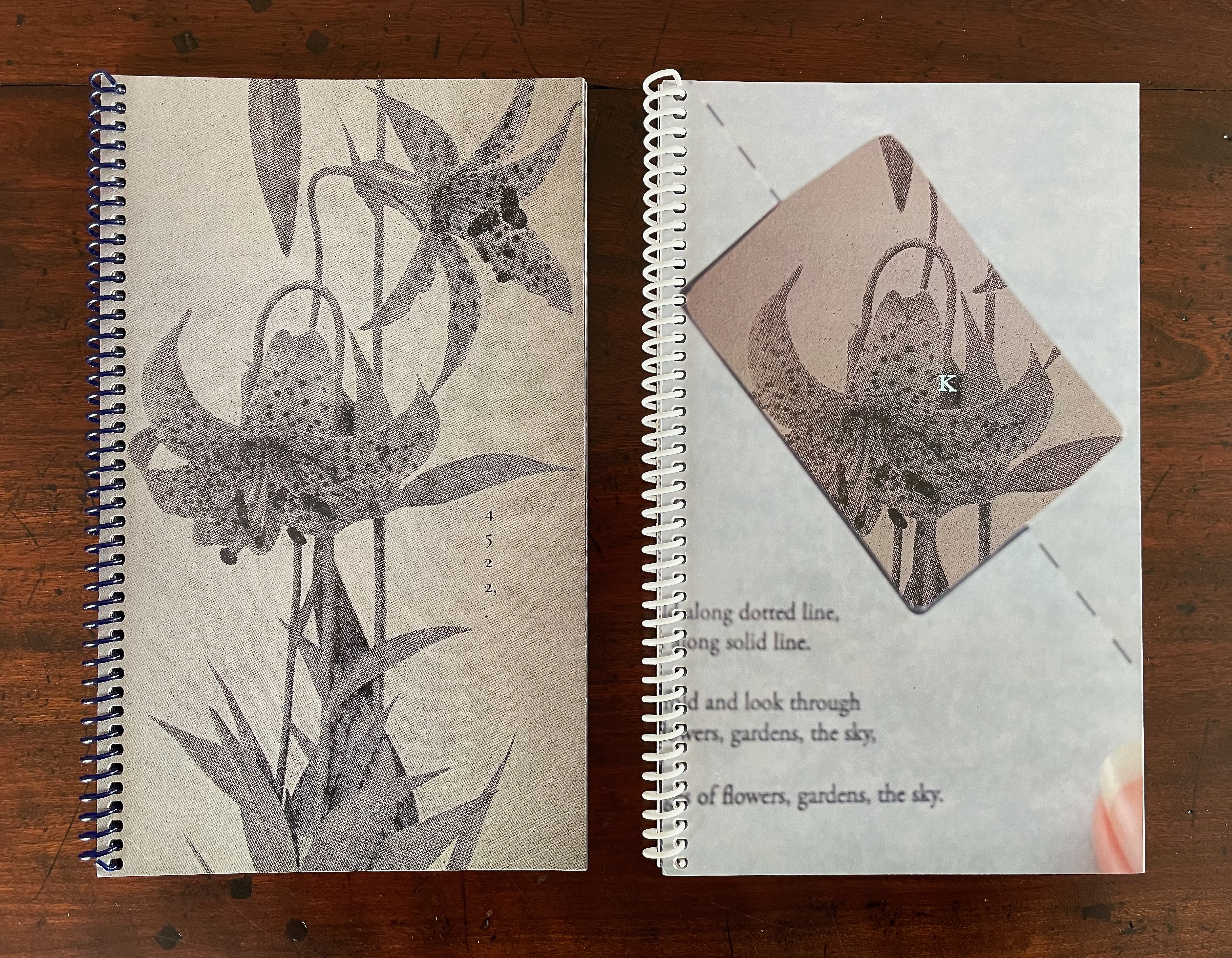 Two spiral-bound notebooks resting on a wooden surface, one featuring a black and white illustration of a flower and the other with a similar design and text.