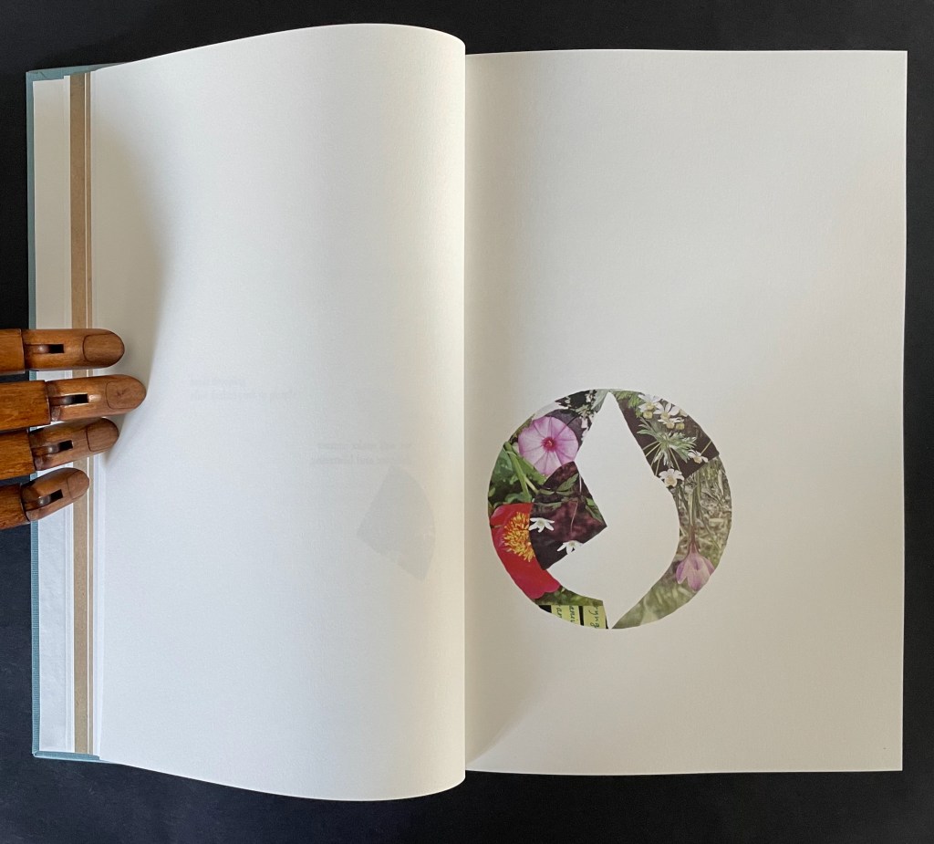 An open book with blank pages, featuring a circular cutout filled with colorful floral images, and a wooden hand mannequin resting on the side.