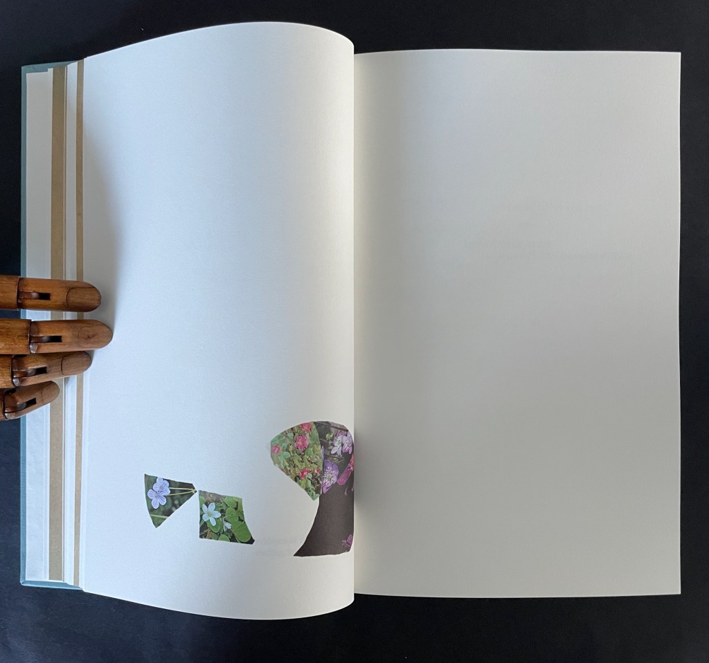 An open book with blank pages and a wooden hand holding it, displaying cut-out shapes of colorful flowers on the right page.