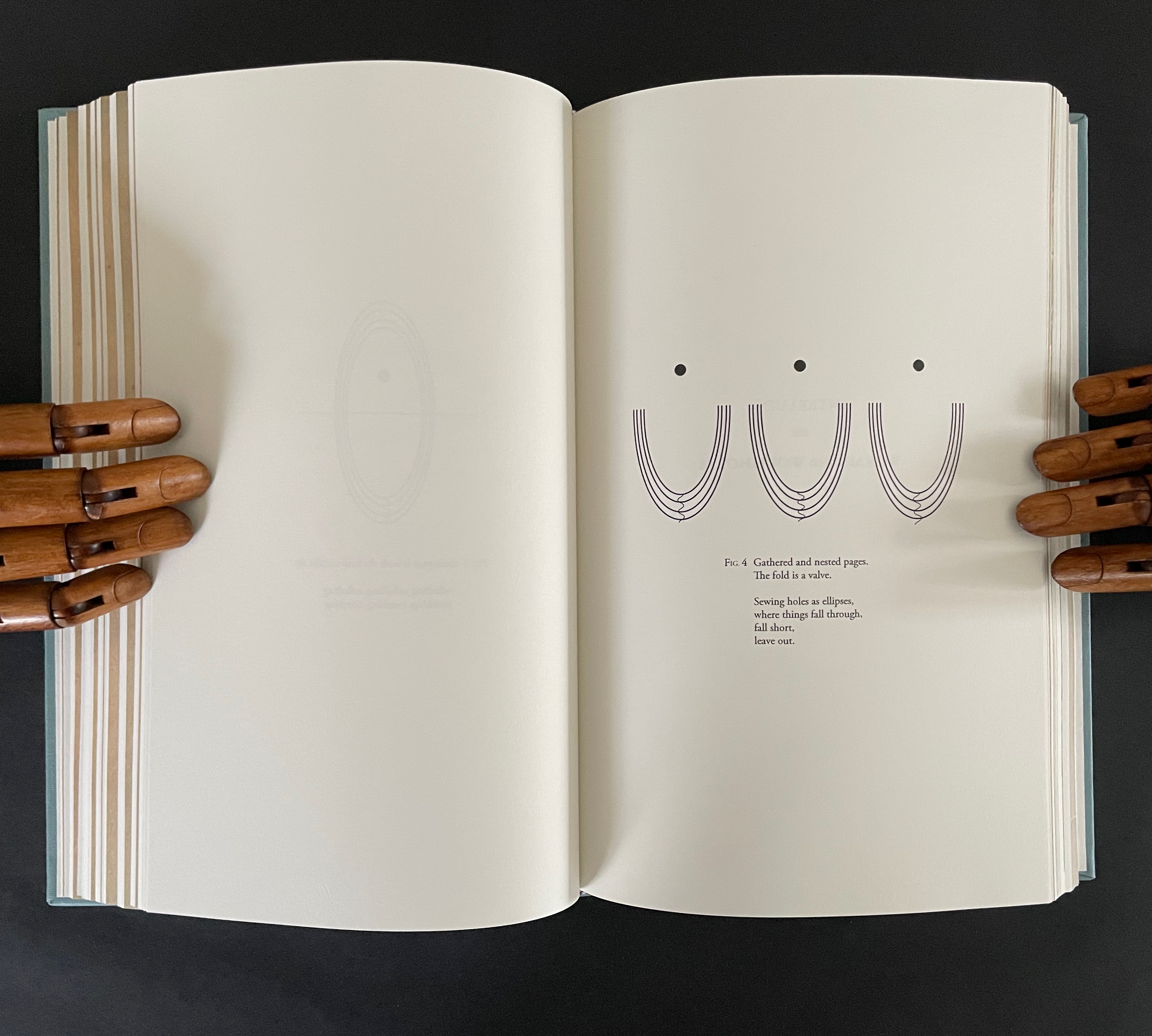 An open book with blank pages and a diagram on the right page, showing gathered and nested pages in curved lines, along with text explaining the sewing holes.