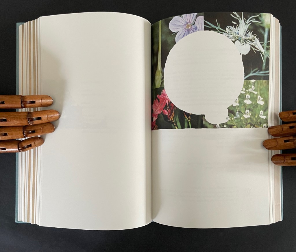 An open book resting on a black surface, featuring blank pages and a cut-out circle among colorful floral images on one side, with wooden mannequin hands holding the book.
