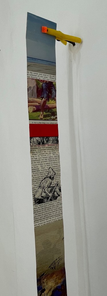 A vertical strip of mixed media artwork, featuring images and text. The top includes a scenic landscape with a cloudy sky, followed by an illustration of a person standing on a log. Below, there are various text excerpts and illustrations, including a figure engaged in an activity, all against a white wall backdrop.
