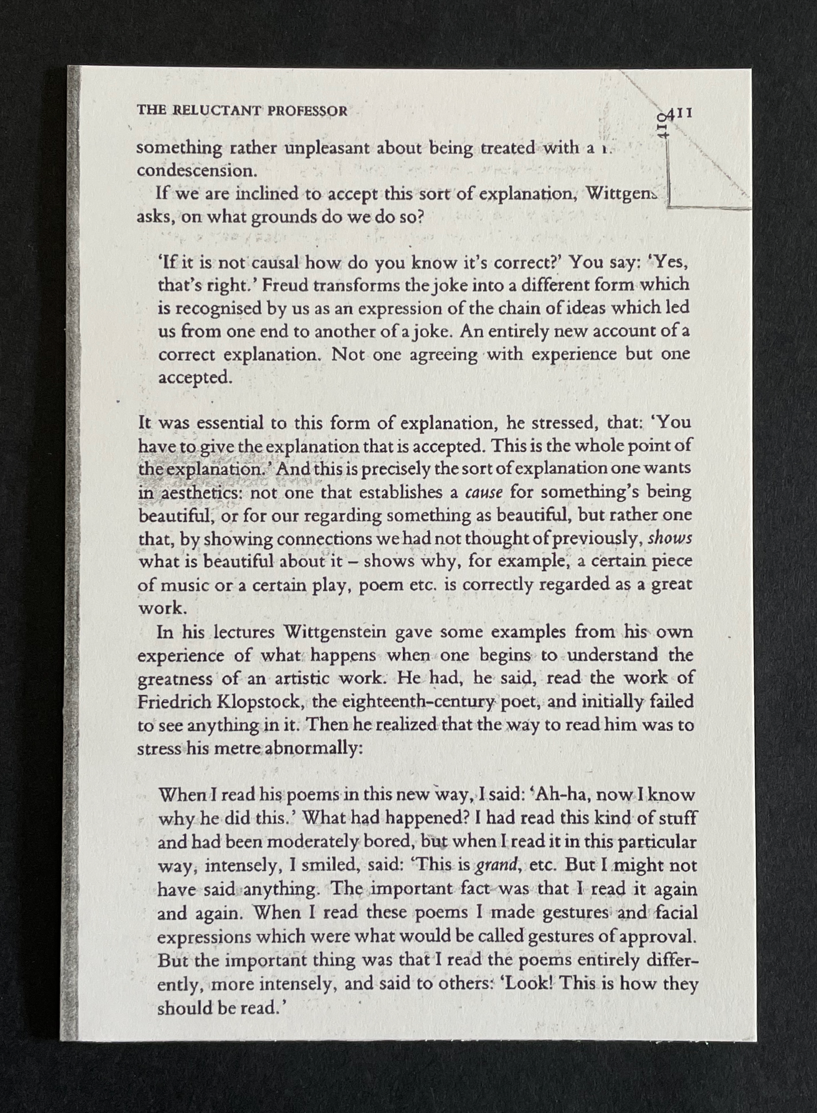 A page from a text titled 'The Reluctant Professor', featuring a printed excerpt discussing the nature of explanation in aesthetics and artistic understanding.