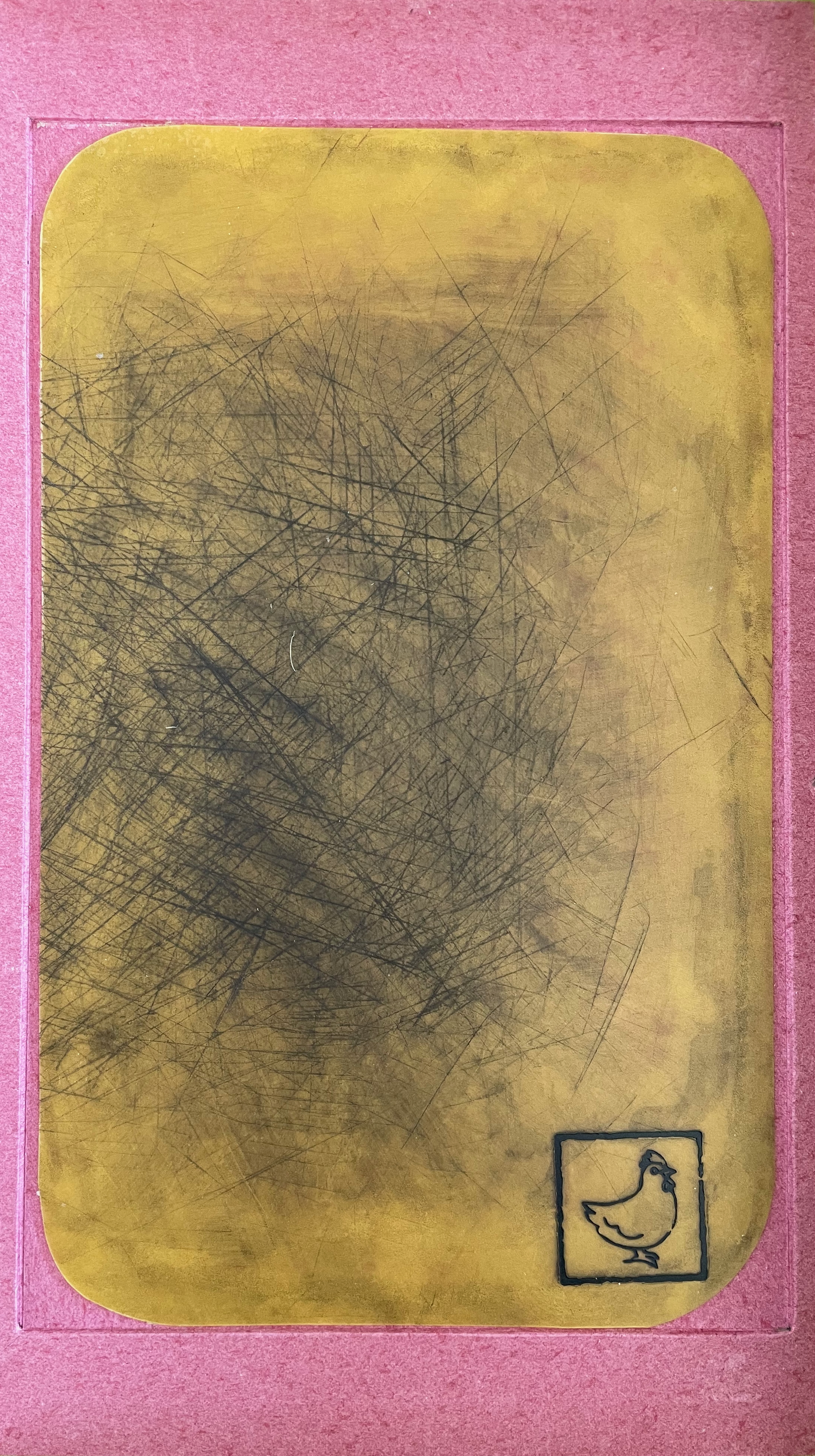 An abstract artwork featuring a textured yellow background with visible scratch marks, framed by a pink border, and a small black outline of a bird in the bottom corner.