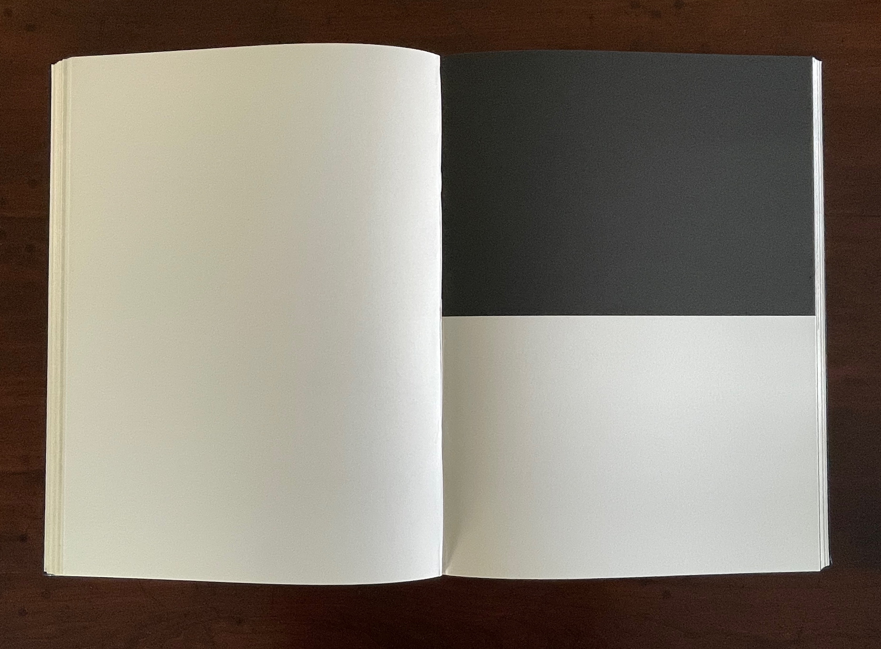 An open book with one page entirely blank and the opposite page divided into two horizontal sections, one black at the top and one white at the bottom.