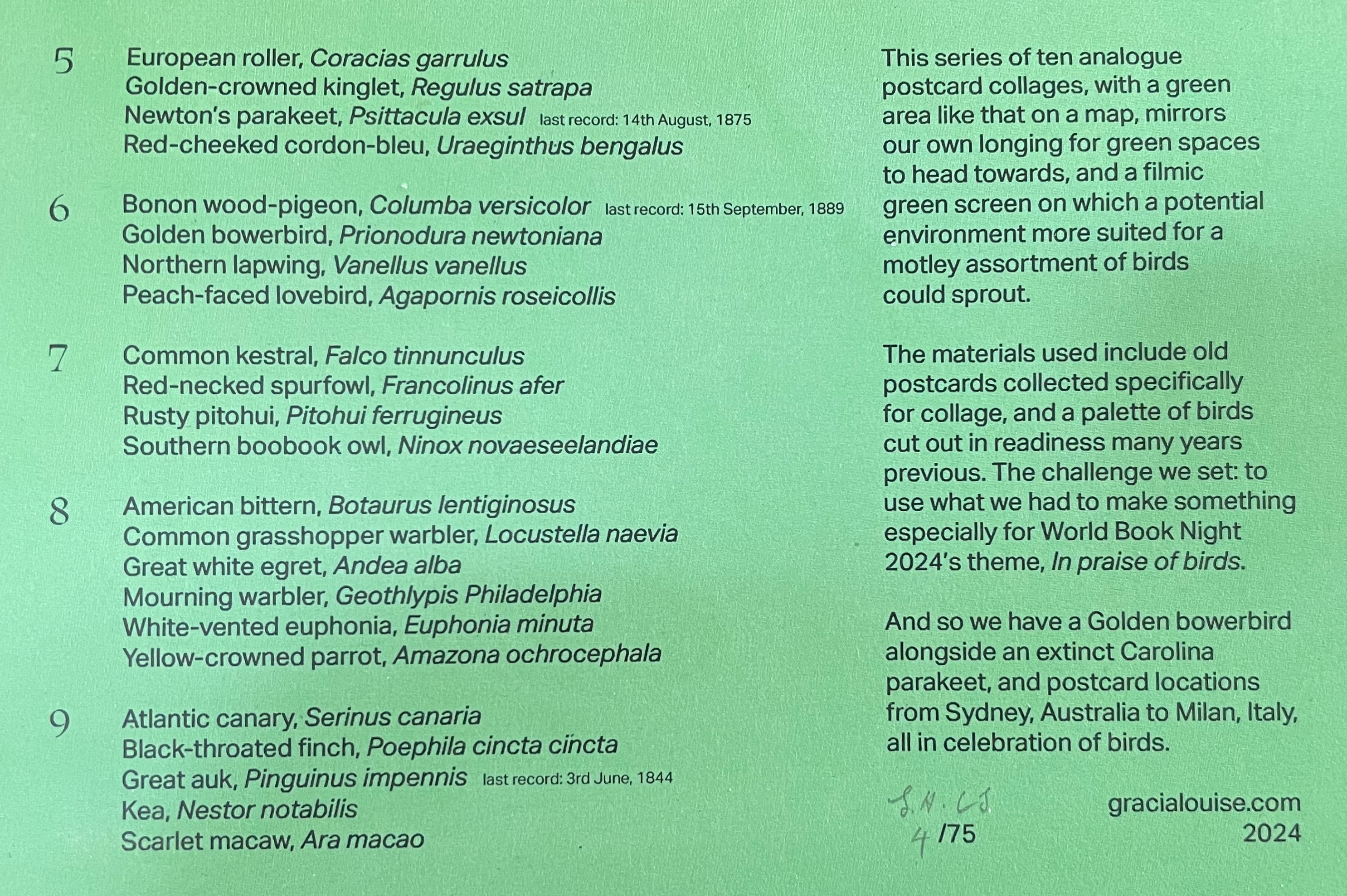 A printed green document listing various bird species along with their scientific names, including details on historical records and collage project themes for World Book Night 2024.