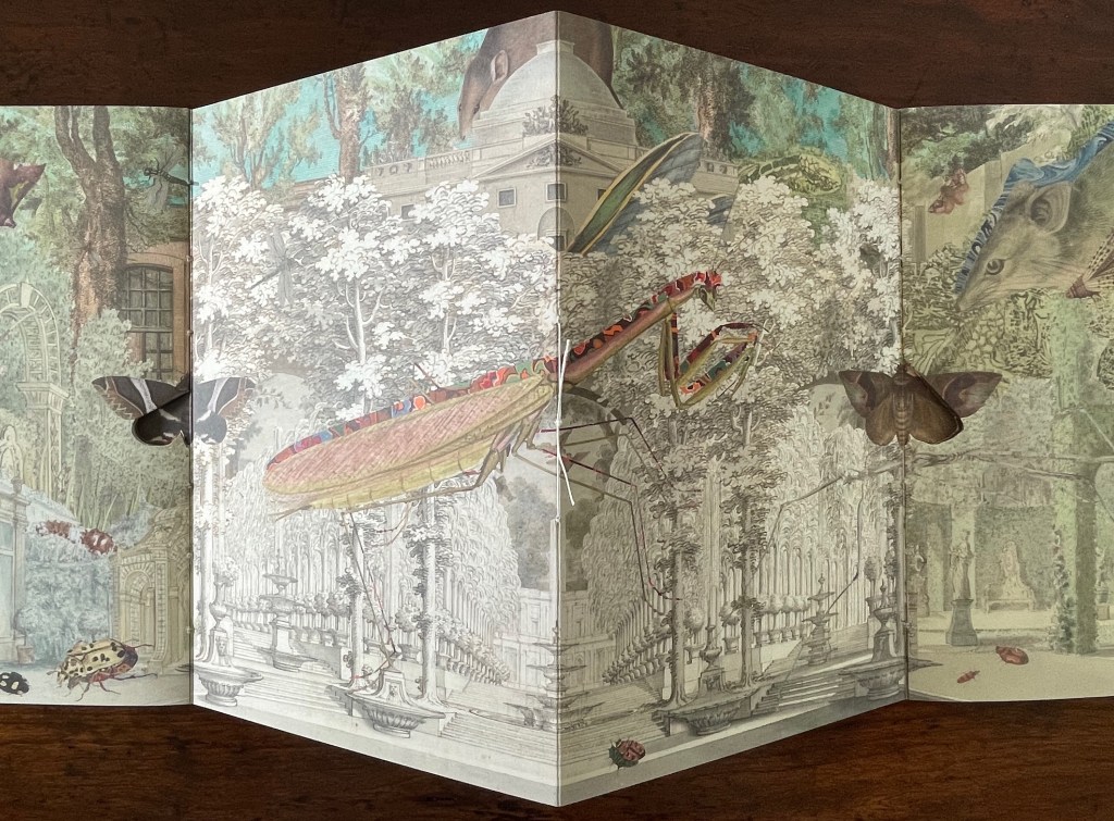 A three-dimensional pop-up book page featuring detailed illustrations of insects like a grasshopper and butterflies, set against a backdrop of elaborate garden scenes with trees, architecture, and ornamental details.