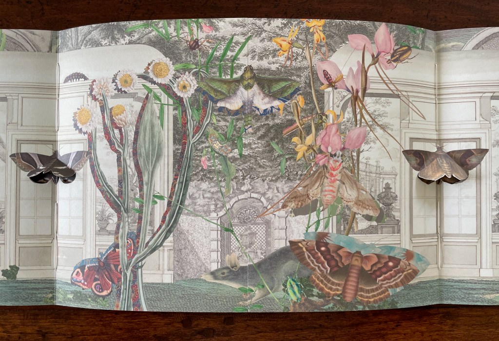 A pop-up book page featuring various colorful butterflies and moths amidst a detailed botanical illustration, set in a garden-like environment with a classic architectural background.