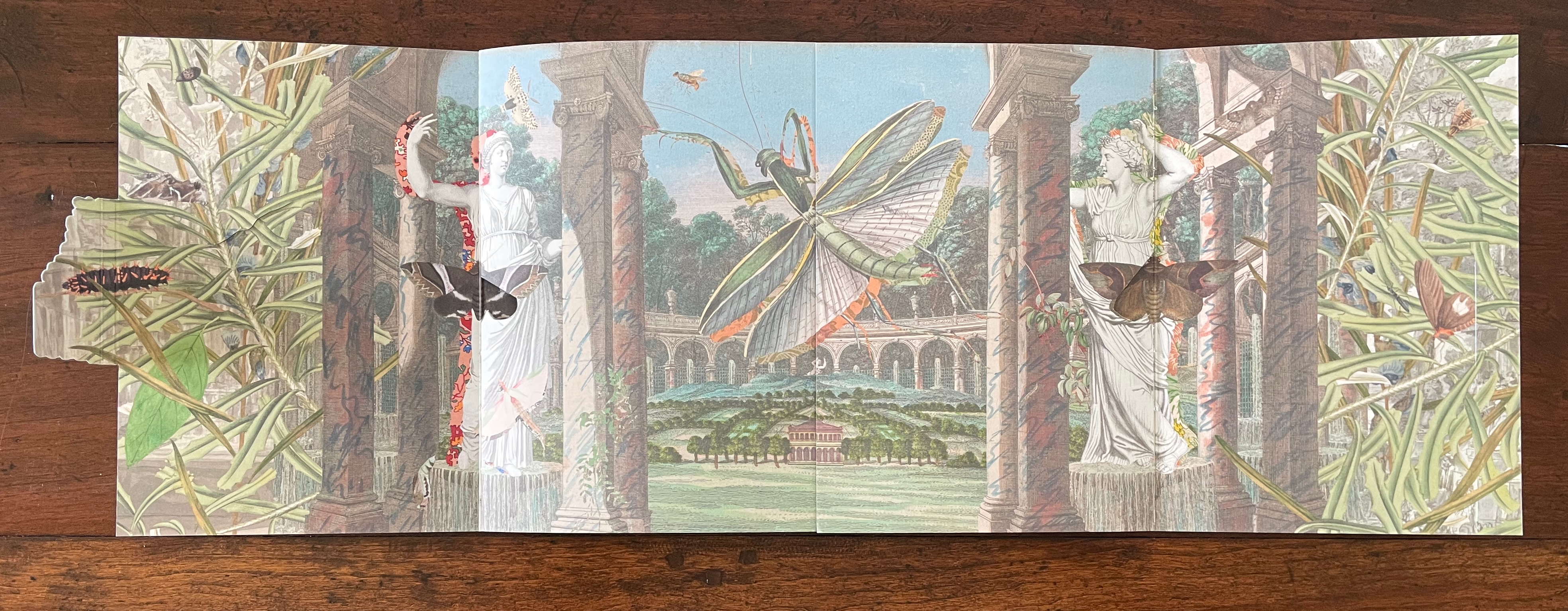 A vibrant collage featuring classical statues and lush greenery, with large butterflies and a dragonfly amidst columns and a serene landscape in the background.