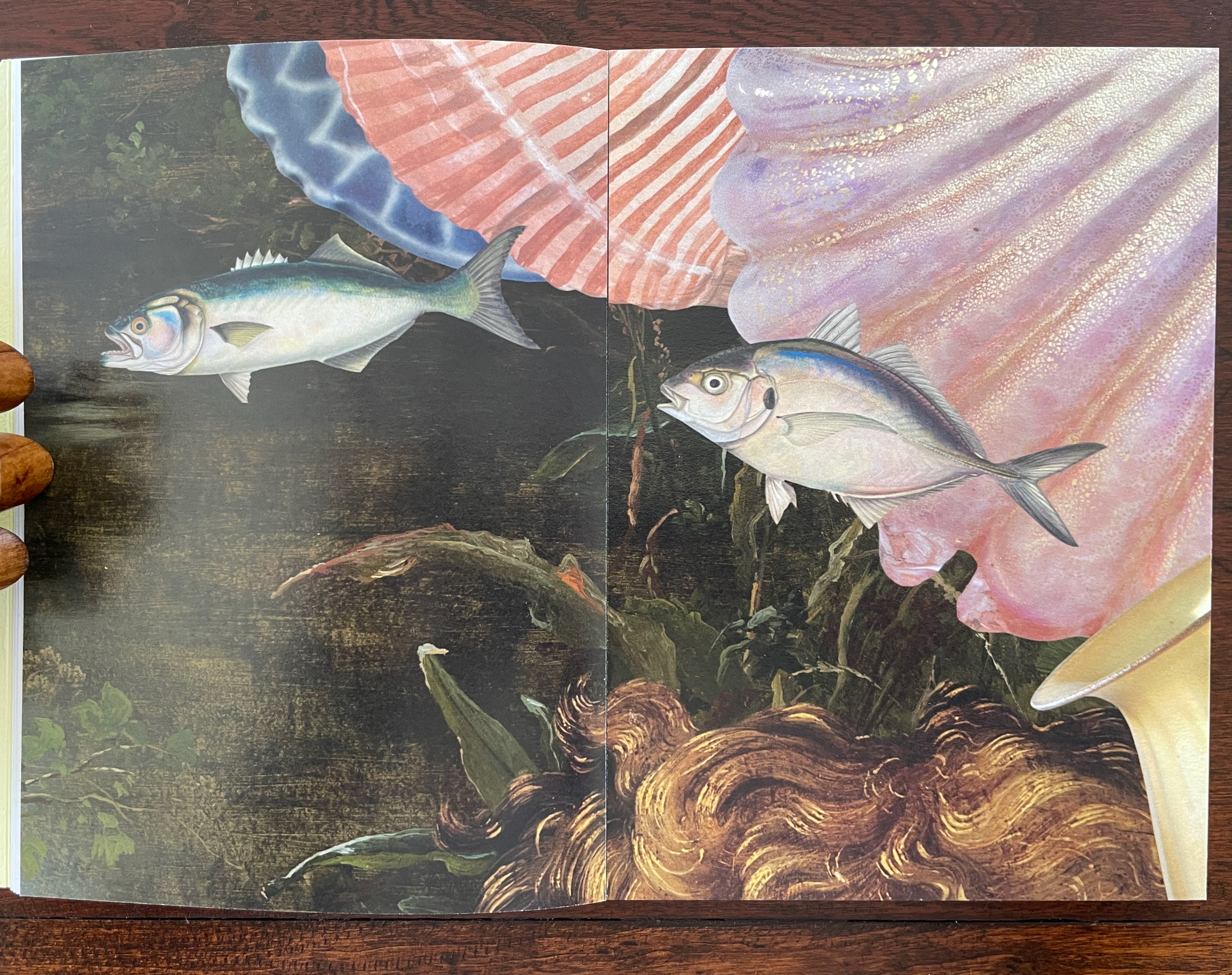 An open book featuring an illustration of two fish swimming near large colorful seashells against a dark background.