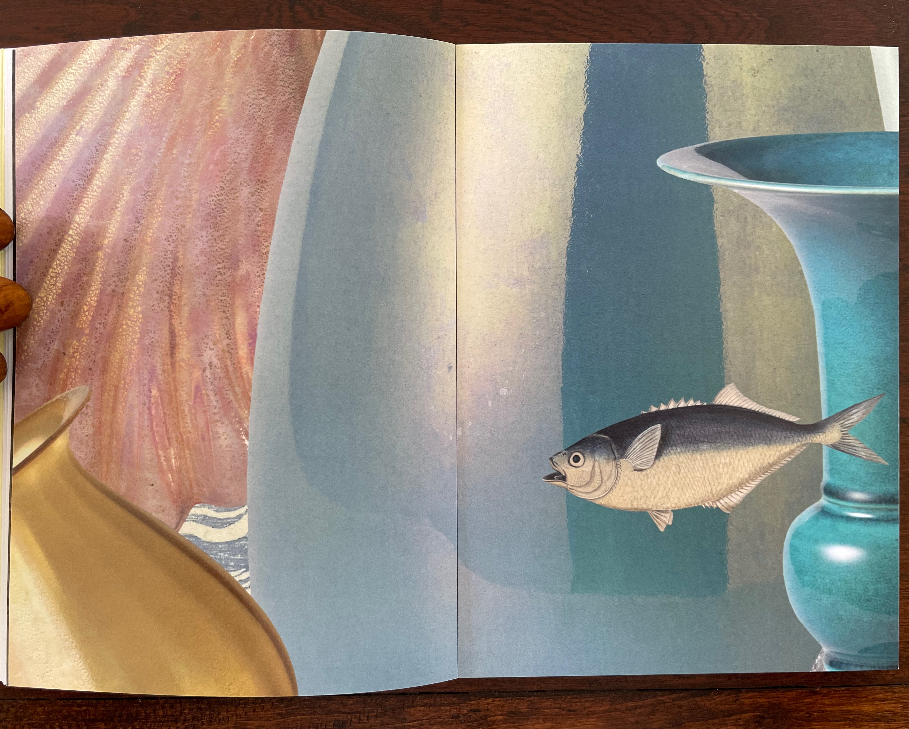 An artistic illustration featuring a stylized fish in front of various decorative vases, including a blue vase and a gold-colored vessel, with a background of soft, textured colors.