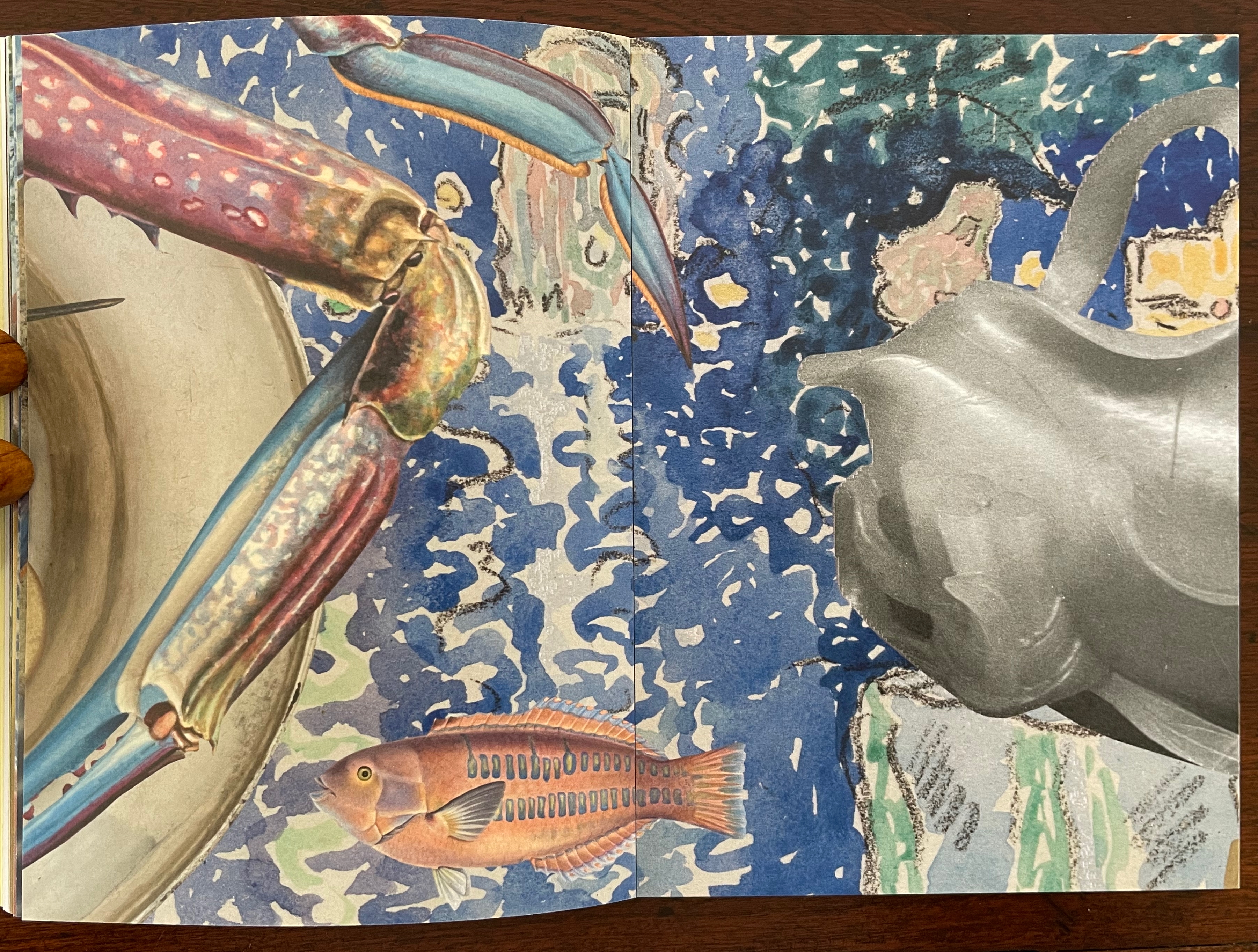 A colorful collage featuring various marine elements, including a crab claw, a fish, and abstract water-like patterns in vibrant blue and green tones.