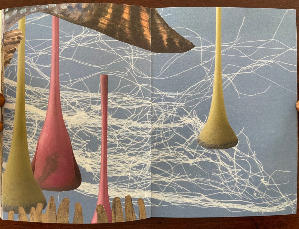 Abstract art featuring colorful, elongated shapes resembling vases or plants against a blue background with wispy white lines.
