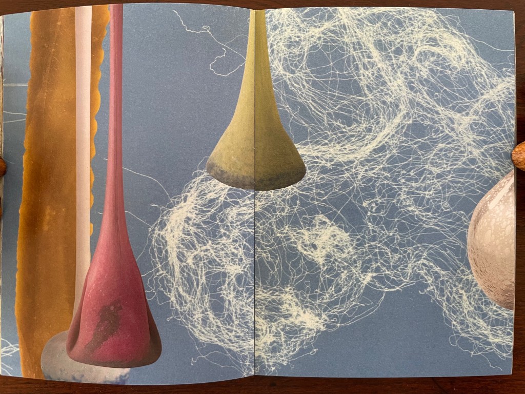 An abstract composition featuring various elongated shapes in vibrant colors, set against a blue background with wispy white lines resembling fibers or threads.