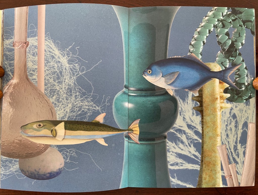 An artistic illustration featuring two fish swimming among various decorative vases and aquatic elements.