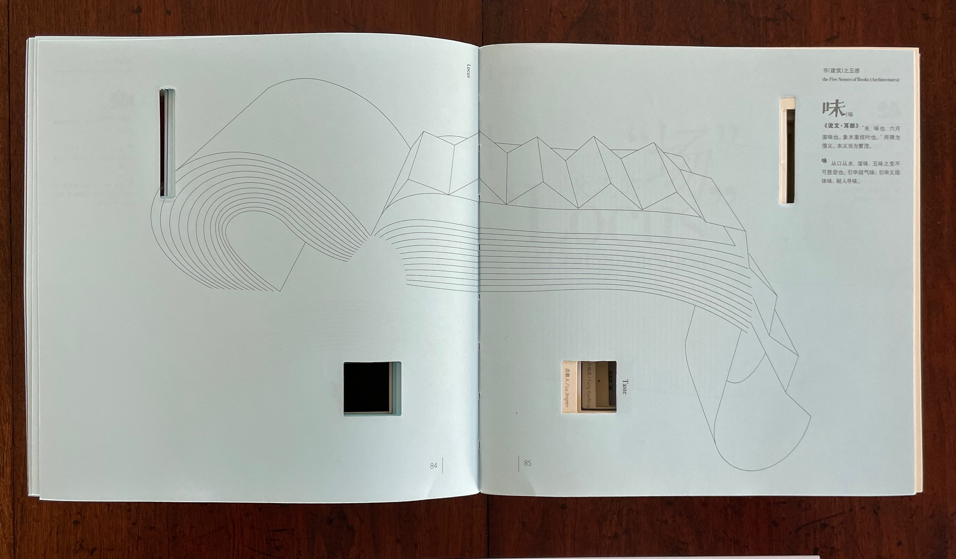 An open book displaying a graphic design with lines and shapes on light blue pages, featuring cutouts and text in both English and another language.