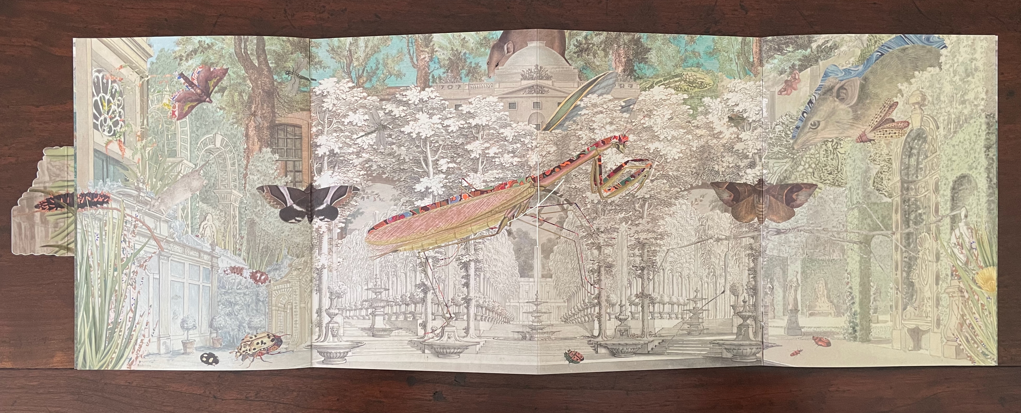 A fantastical scene featuring oversized insects and butterflies amidst a lush botanical garden, with classical architecture and sculptures in the background.