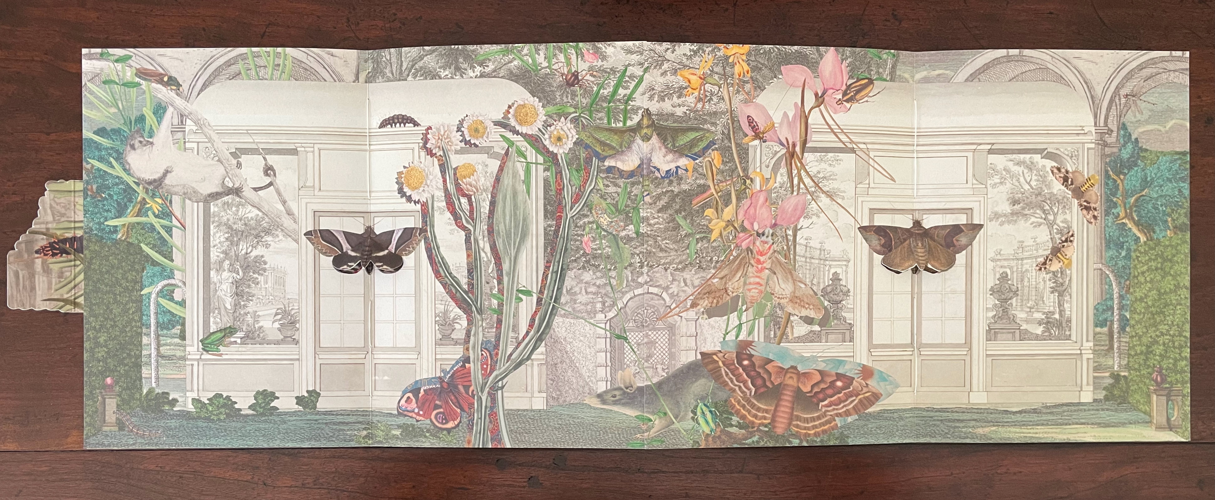 A colorful collage featuring a variety of butterflies and moths amidst intertwined plants, set against a background of ornate architecture and a garden landscape.