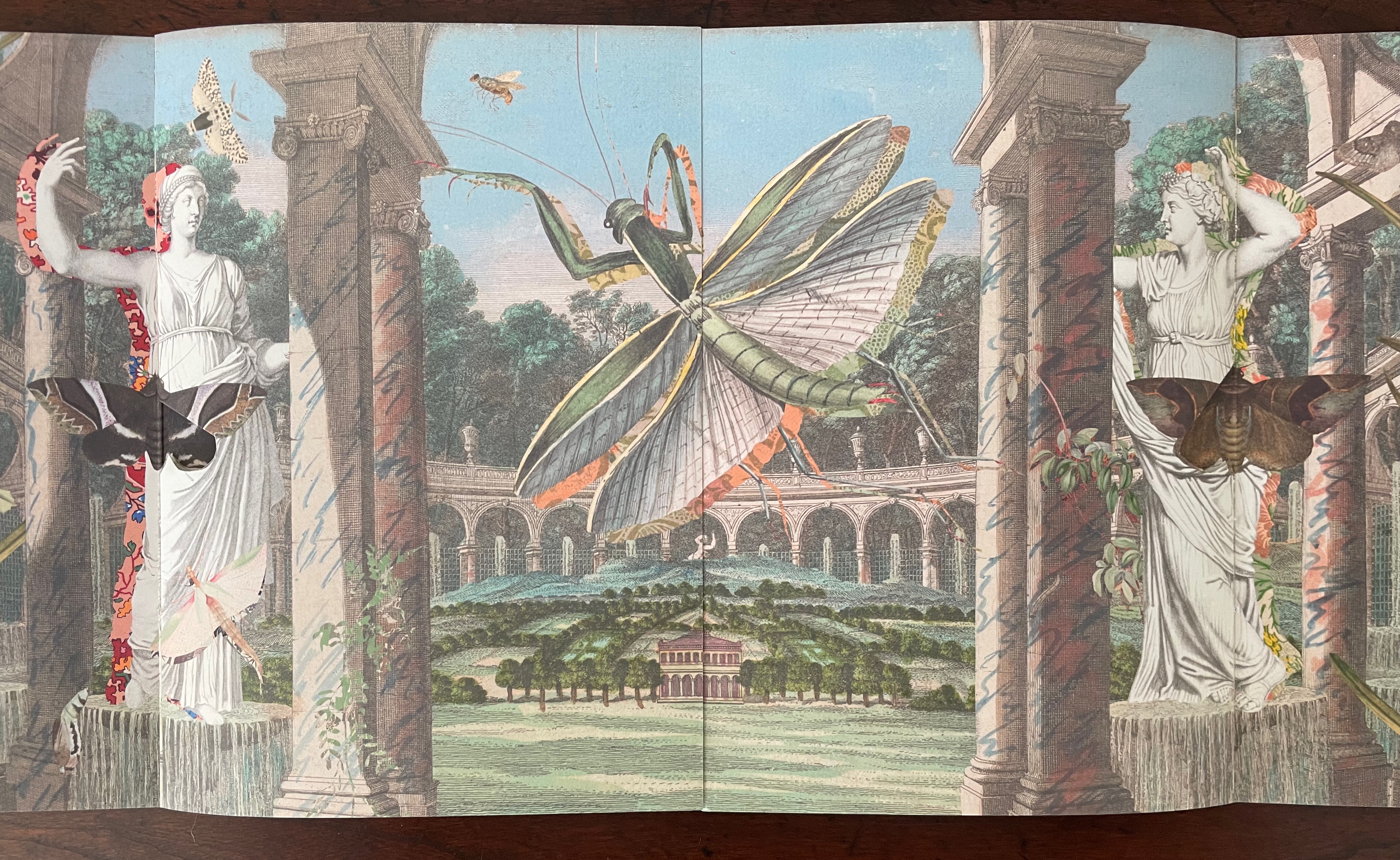An artistic depiction featuring two classical statues surrounded by vibrant insects, including a large grasshopper and several butterflies, set in a landscaped garden with arches in the background.