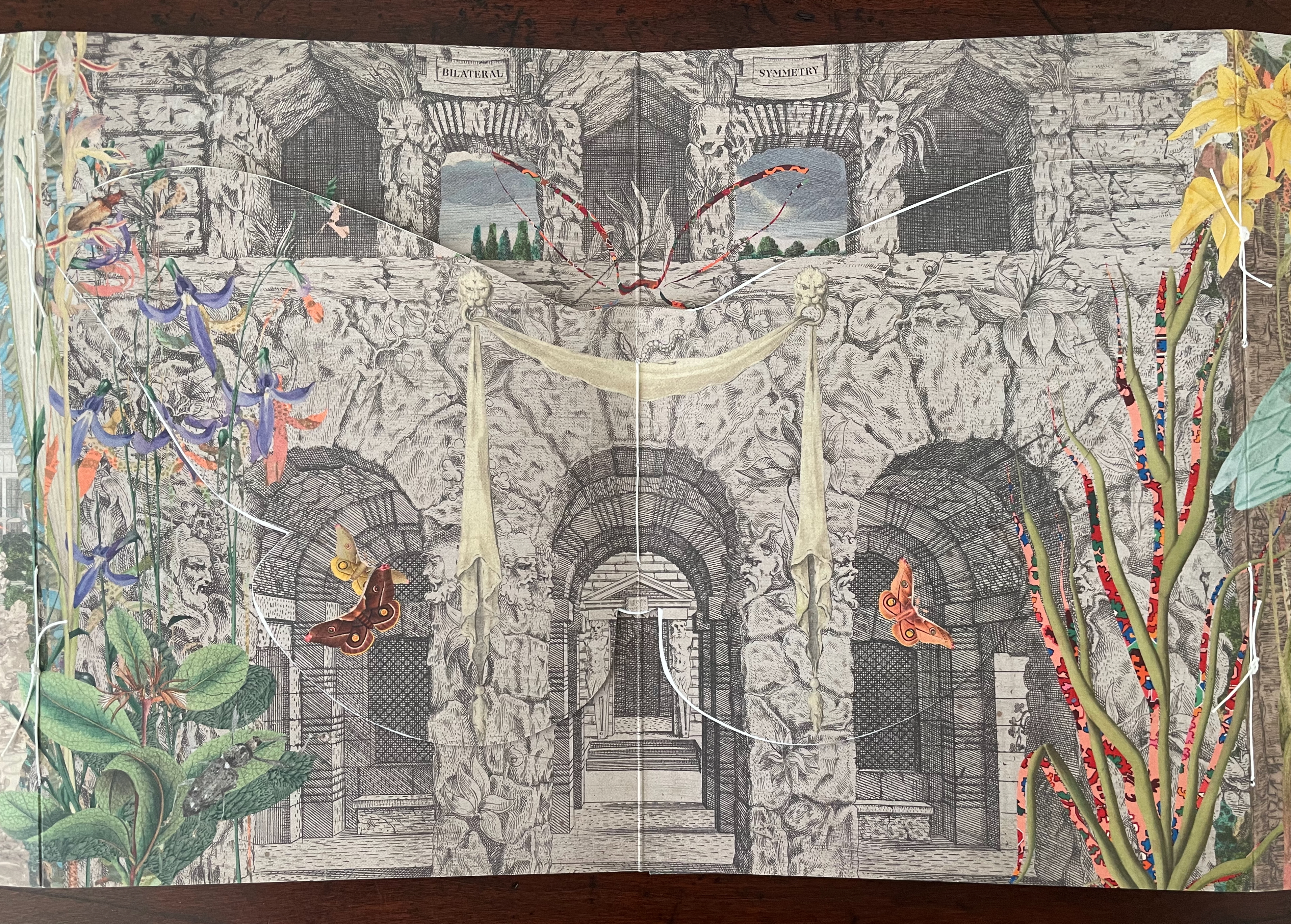A colorful artistic illustration featuring a stone archway with intricate details, surrounded by vibrant flowers, butterflies, and greenery, creating a whimsical garden scene.