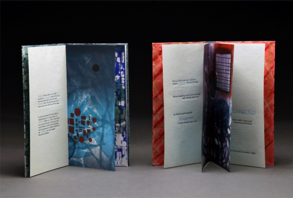An open art book featuring colorful abstract designs and handwritten text, showcasing two pages with varied backgrounds and typography.