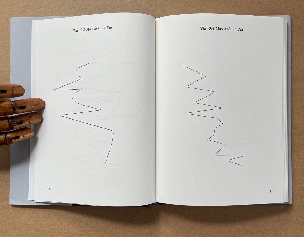 Open book pages featuring minimalist line illustrations related to 'The Old Man and the Sea,' with a wooden hand positioned on the left page.
