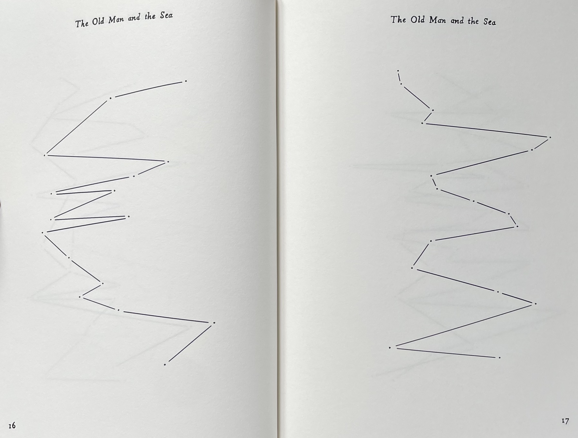 A two-page spread featuring abstract line drawings with sharp angles and dots, accompanied by the title 'The Old Man and the Sea' at the top of each page.