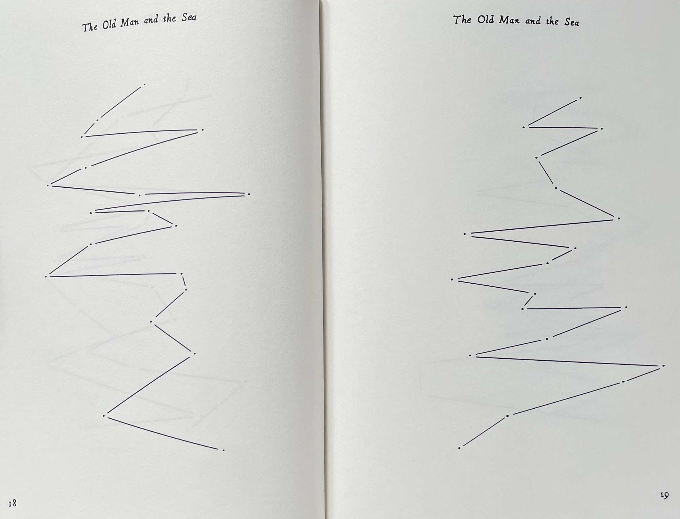 Illustration from 'The Old Man and the Sea' showing two pages with abstract zigzagging lines and dots.