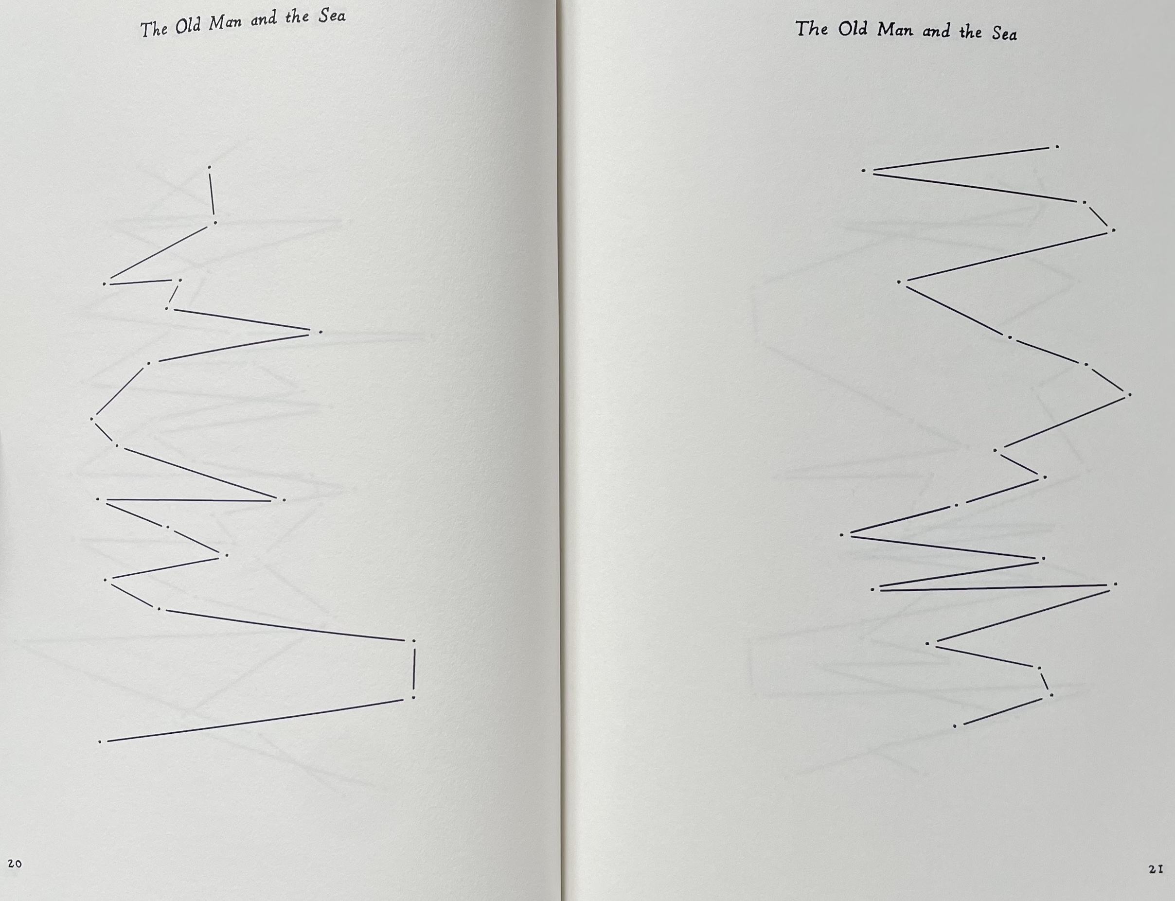 Two pages from 'The Old Man and the Sea' featuring abstract line art with intersecting zigzag patterns.