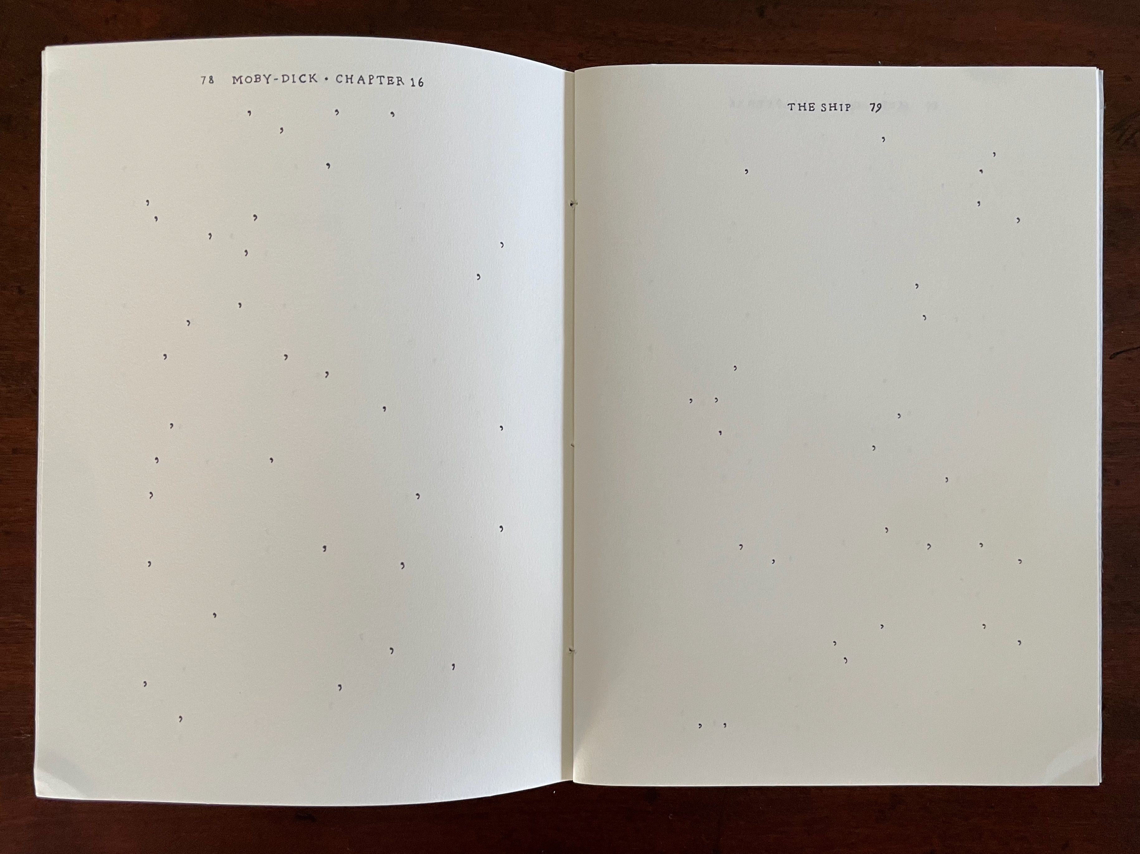 An open book showing two empty pages with small dots printed on them, featuring the titles 'MOBY-DICK CHAPTER 16' and 'THE SHIP' at the top.