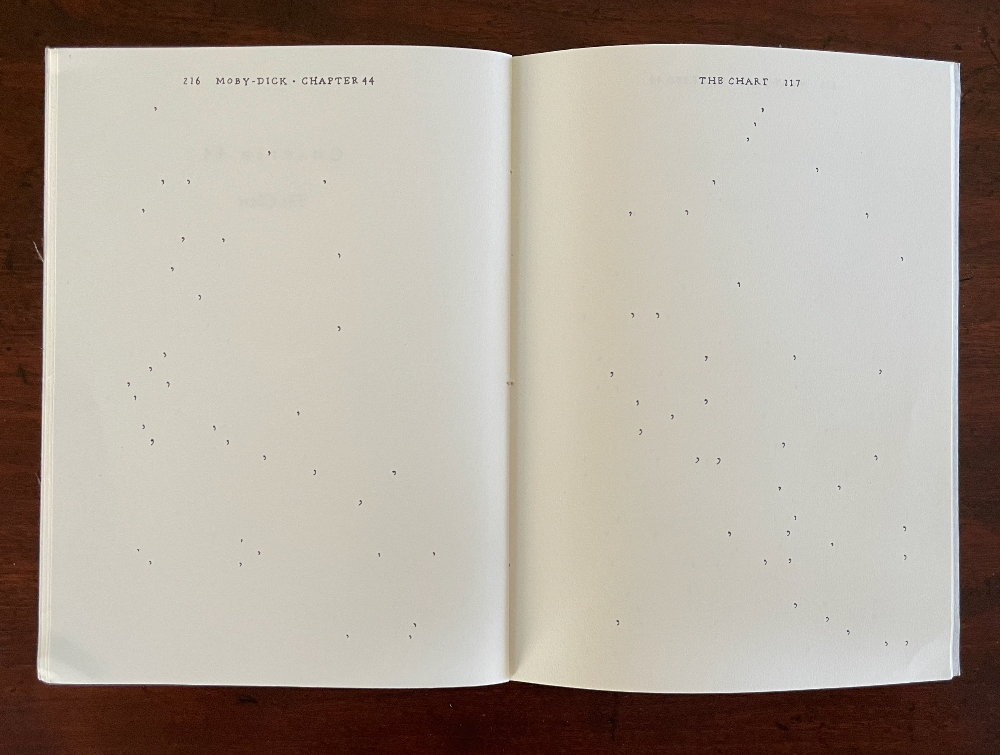 Open pages of a book displaying the titles "Moby-Dick - Chapter 44" and "The Chart" on blank pages with numerous small dots scattered throughout.