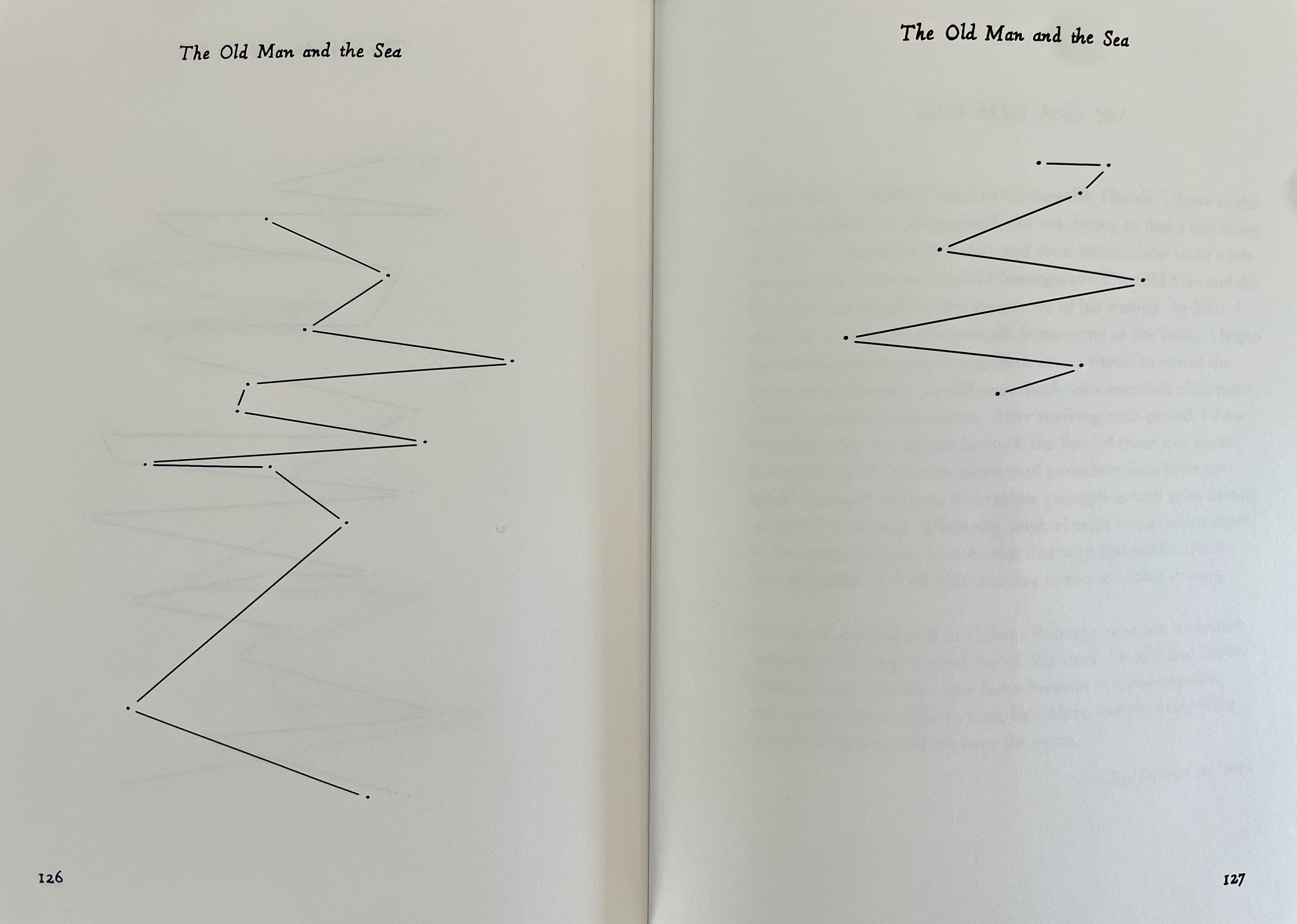 A visual representation featuring zigzag lines and points on two pages, titled 'The Old Man and the Sea' at the top of each page.