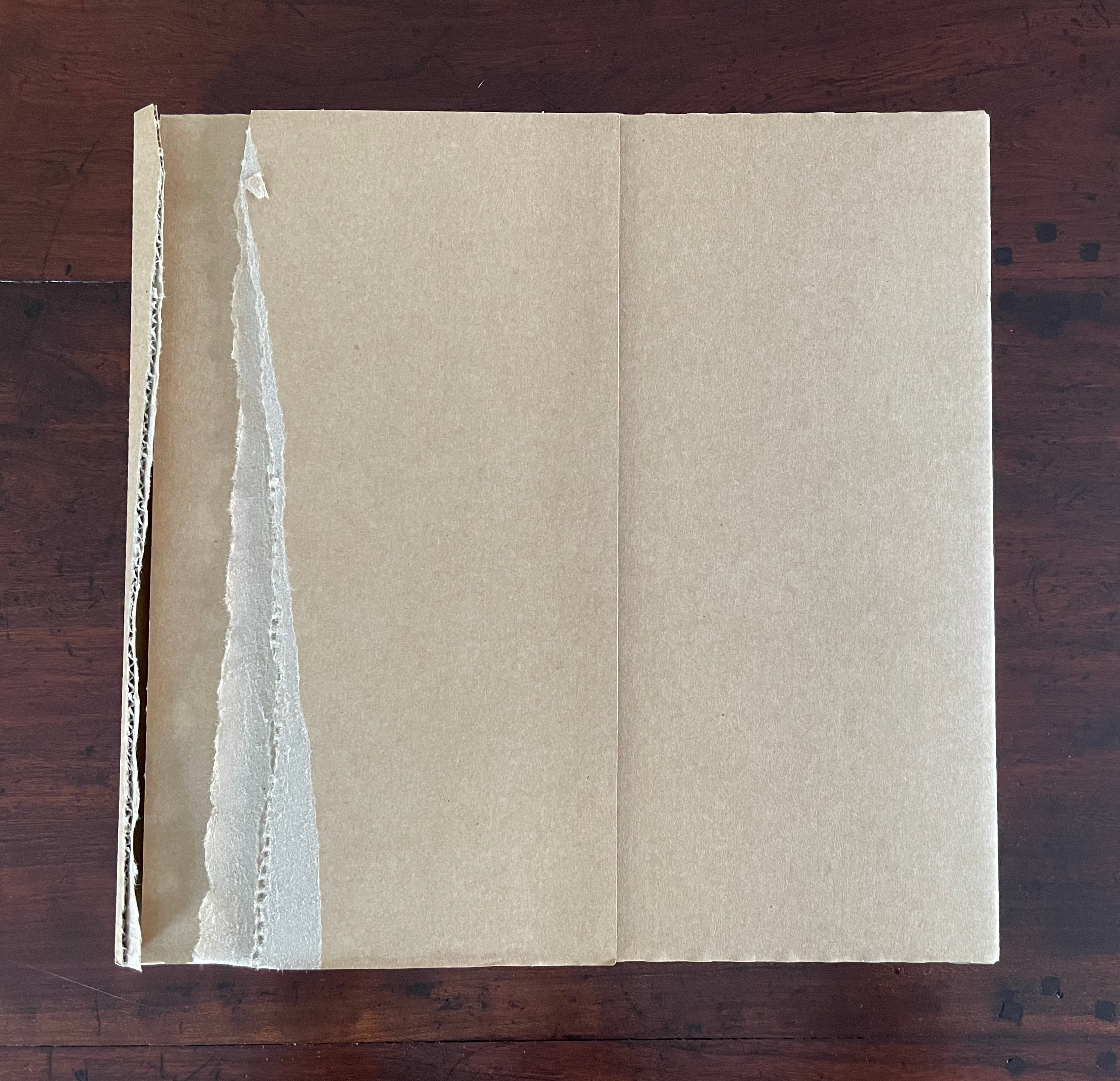 An open cardboard box with one side slightly torn, resting on a wooden surface.