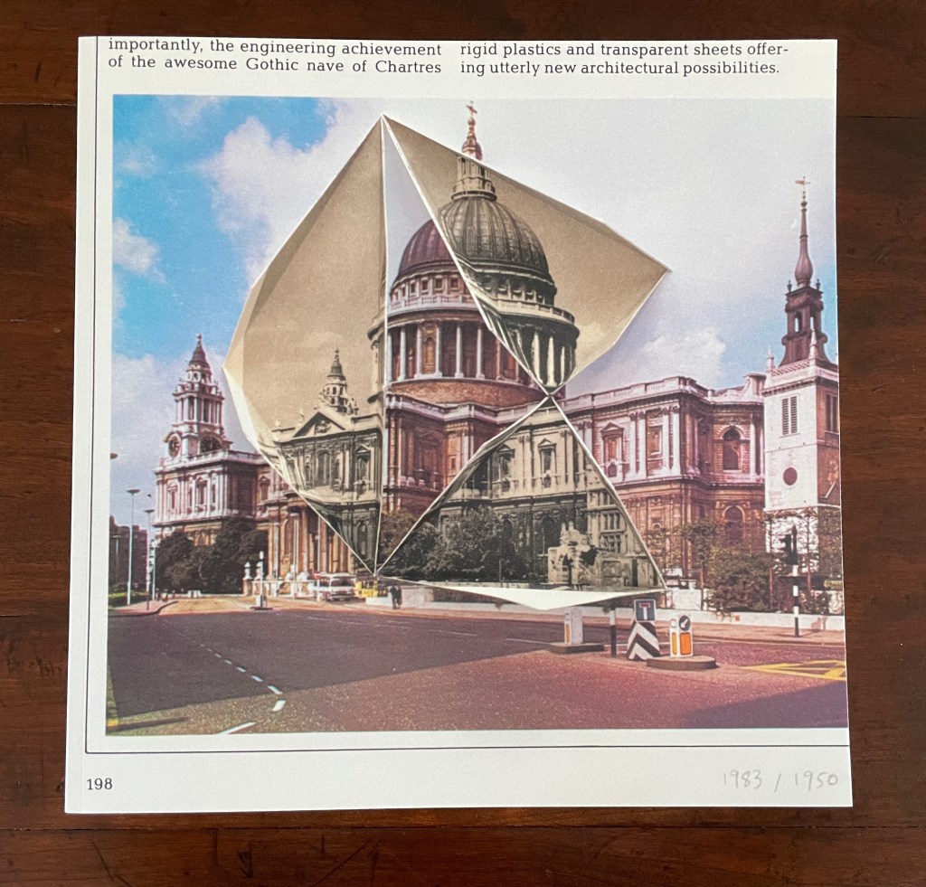 A collage featuring St. Paul's Cathedral, with a geometric paper cutout overlay, blending historical architecture with modern design elements.