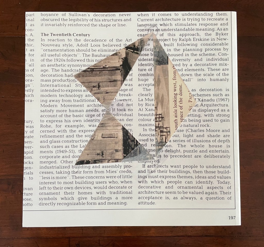 A collage image featuring geometric shapes in the center overlaying pages of text about 20th-century architecture.
