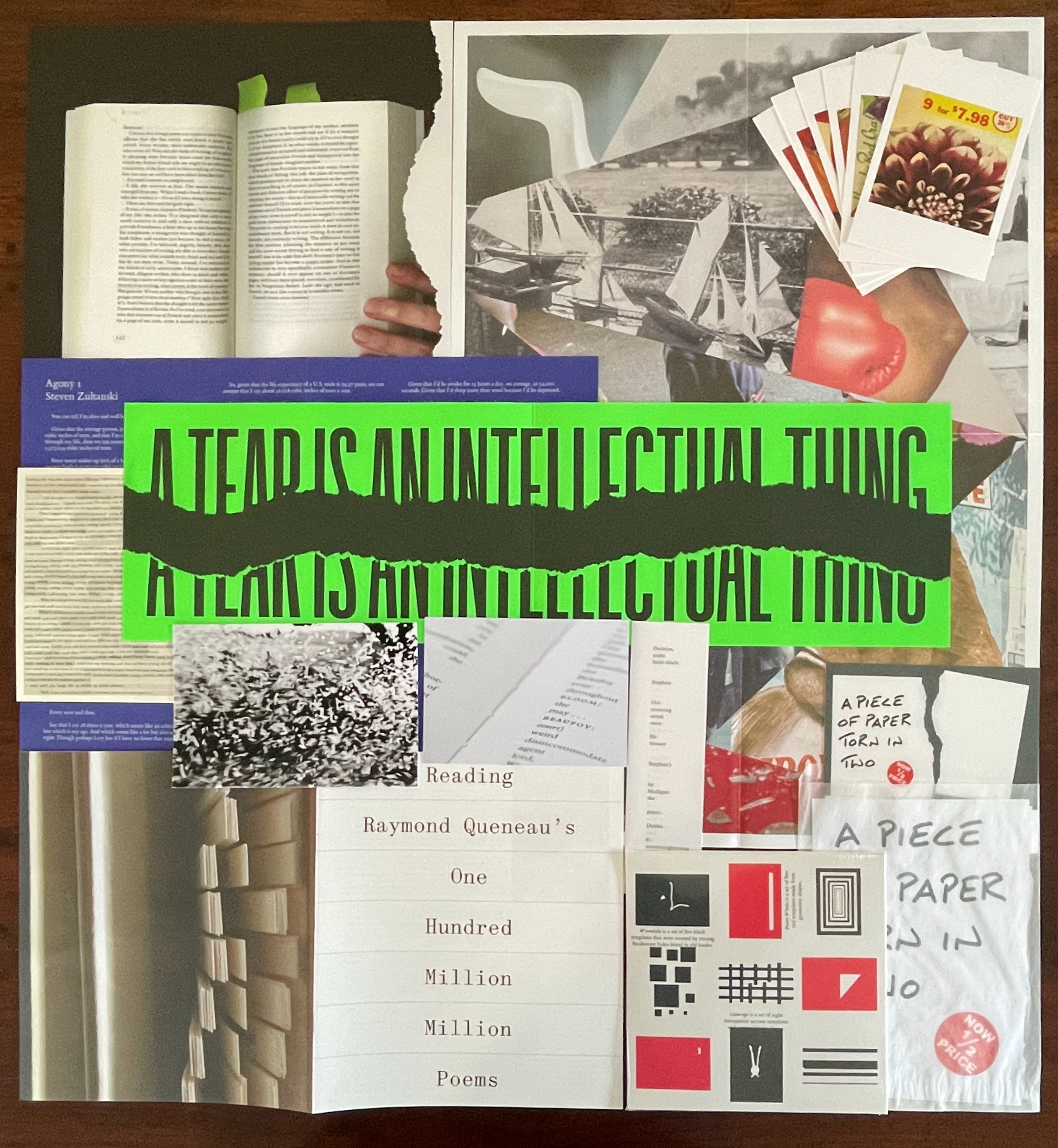 A collage featuring various images, text, and printed materials, including a book, torn paper with the phrase 'A tear is an intellectual thing', colorful graphics, and a layout of poems. The composition is layered with diverse textures and designs.