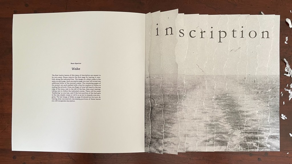 An open book spread with a faded image of water on one page and text titled 'Wake' by Buzz Specter on the opposite page.