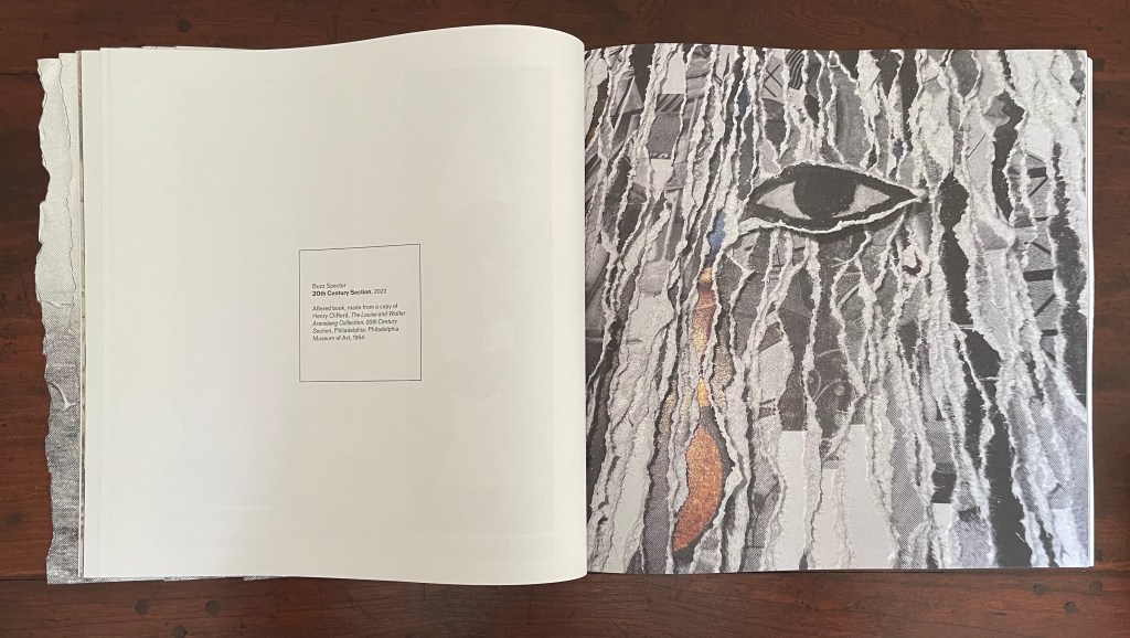 An open book displaying an artwork titled 'Destiny Session' by Peter Sutherland from 2013, featuring a collage with a prominent eye and various textured layers. A caption in the center provides information about the piece.