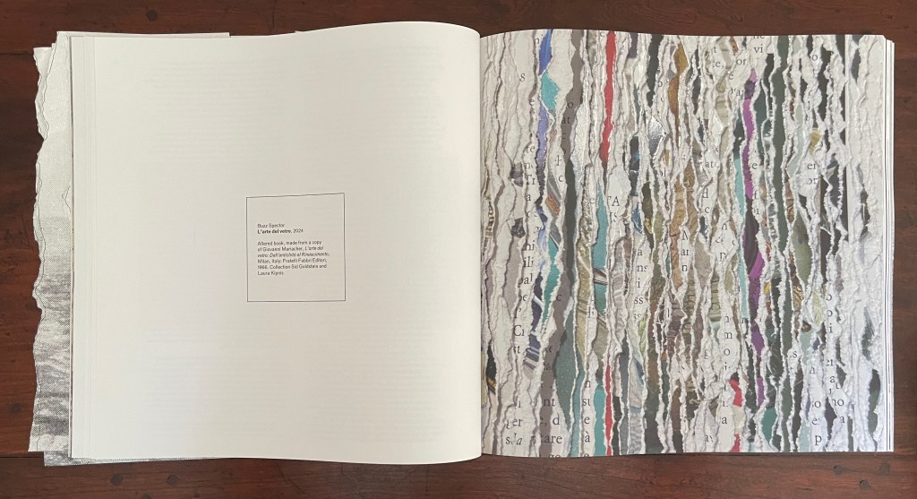An open book featuring a textured page with colorful, torn paper patterns on the right and a title or description box on the left.
