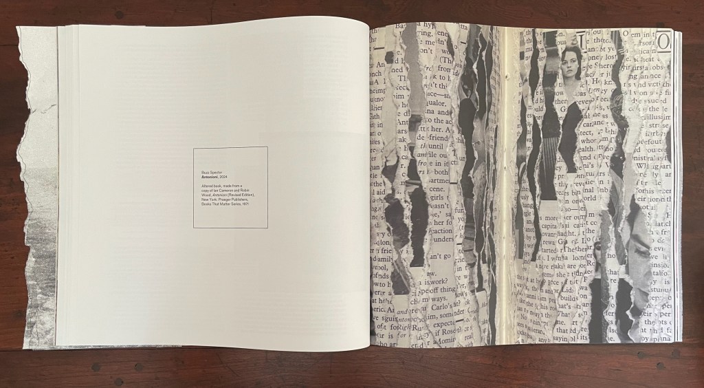 An open book displaying altered pages covered with text and images, featuring a collage-like composition. The left page has a torn edge, while the right page shows a fragmented visual layout with black and white elements.