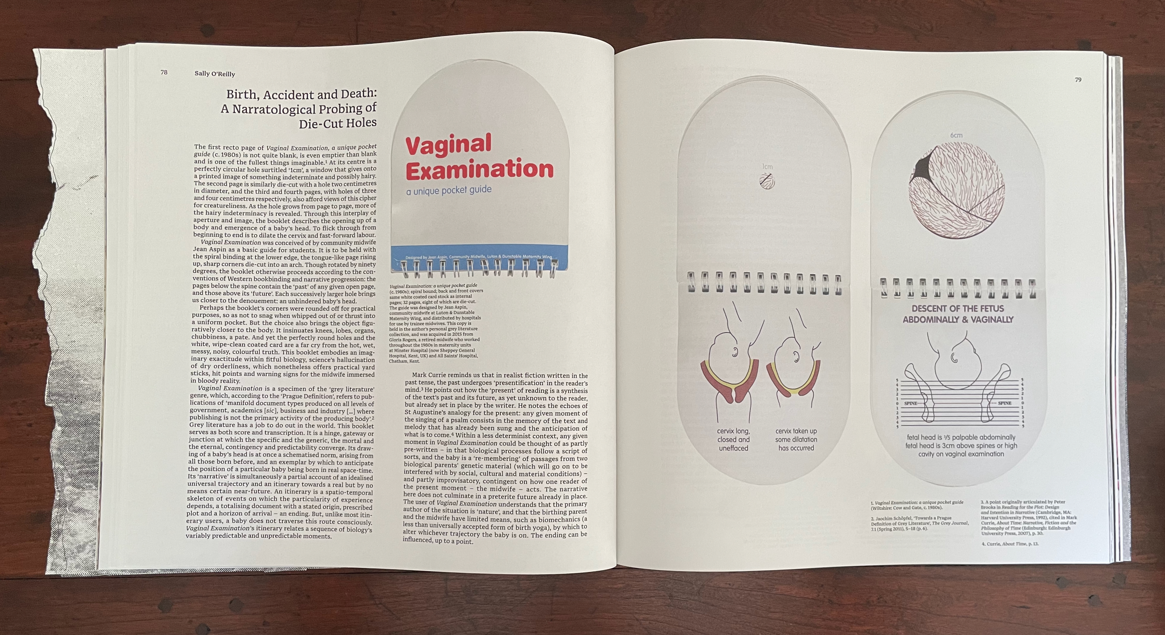 An open book page featuring text and illustrations about a unique pocket guide titled 'Vaginal Examination,' detailing topics related to birth and maternal health. The left side includes an excerpt from the guide, while the right side displays diagrams related to fetal descent and vaginal examination.