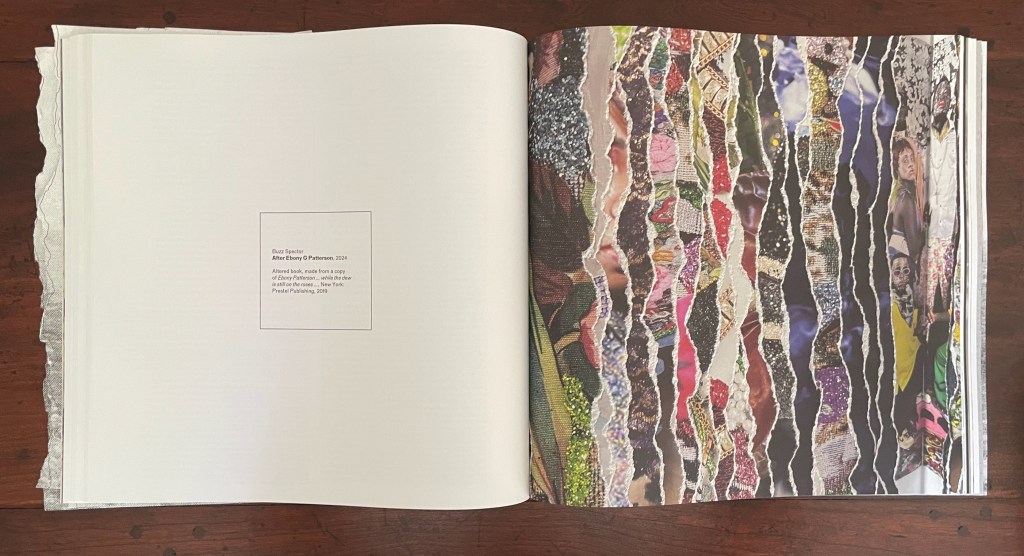 An opened book page featuring a textured image with layered fabric and graphic elements, alongside a textual description of the artwork by Rustin Sperry titled 'Attic Echoes by Patterson, 2024'.