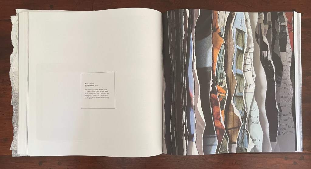 An open book displaying a collage of various textured paper strips on one page, with a blank left page featuring a caption about the work by an artist and photographer.