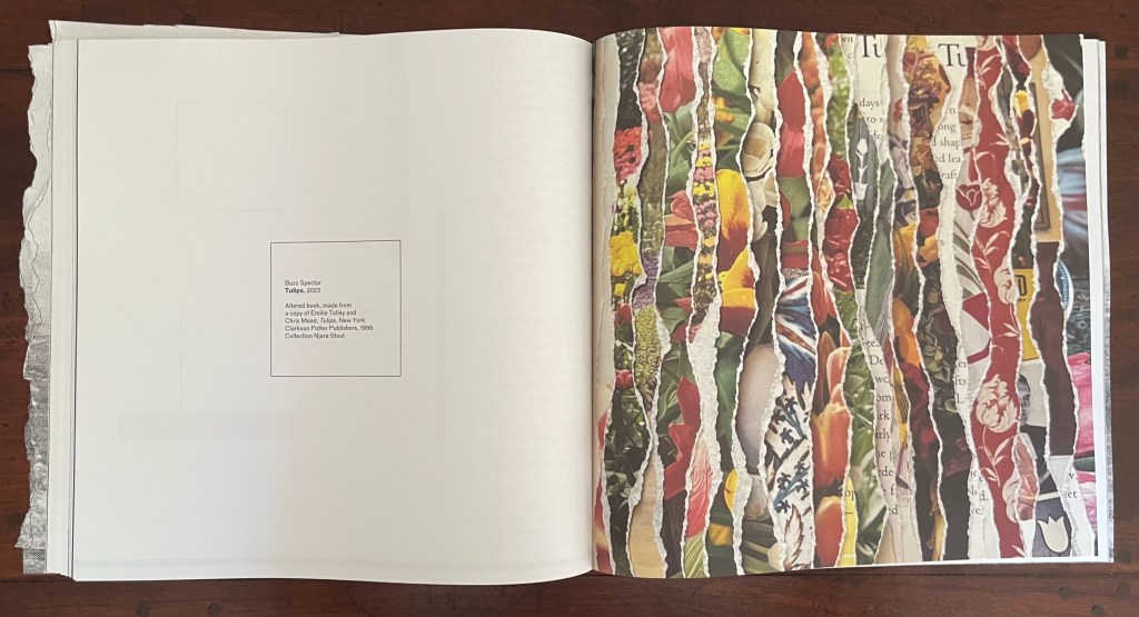 An open book displaying a collage of colorful, torn paper strips, including floral and text elements, with a label on the left page detailing the artwork 'Tulips' by Banu Spector from 2022.