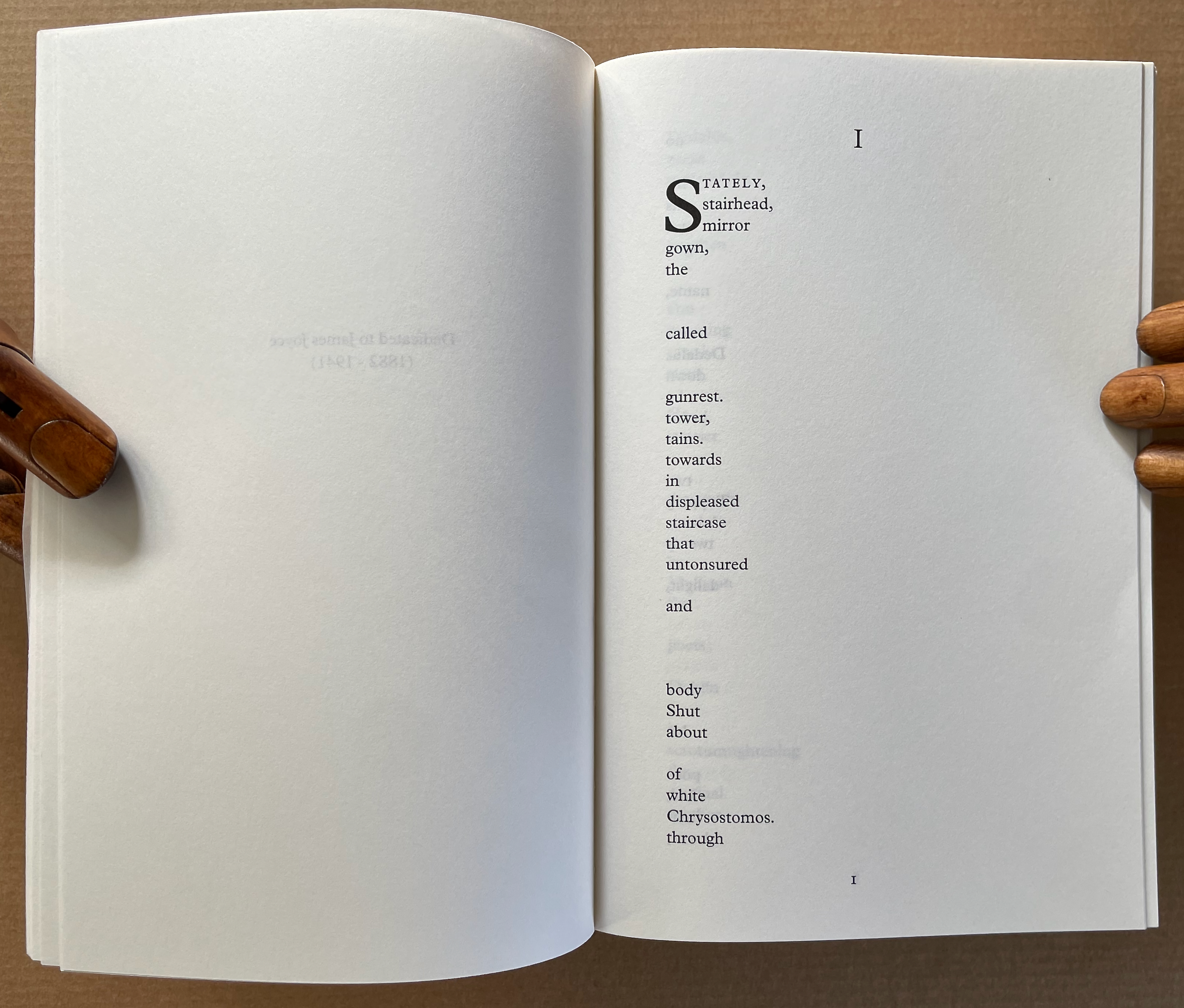 An open book with blank left page and text on the right page, featuring an artistic layout with poetic lines starting with the word 'Stately'.